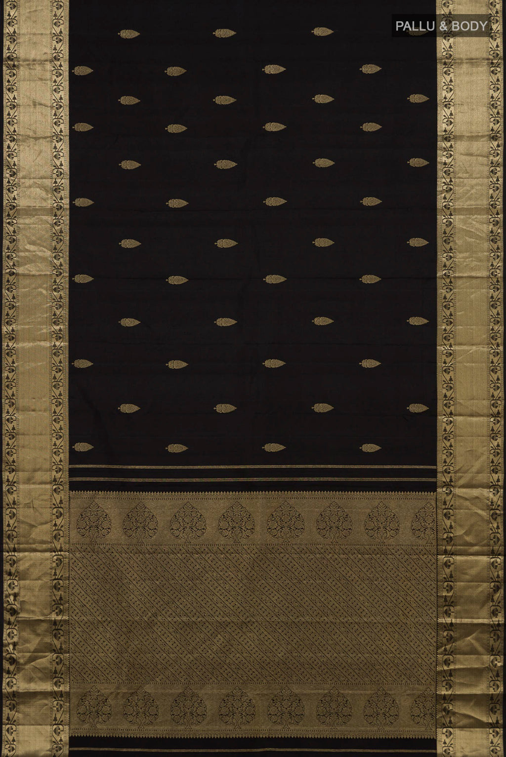 Flat view of Black Kanchipuram Silk Saree with Zari Butta on the body and Zari Border. 