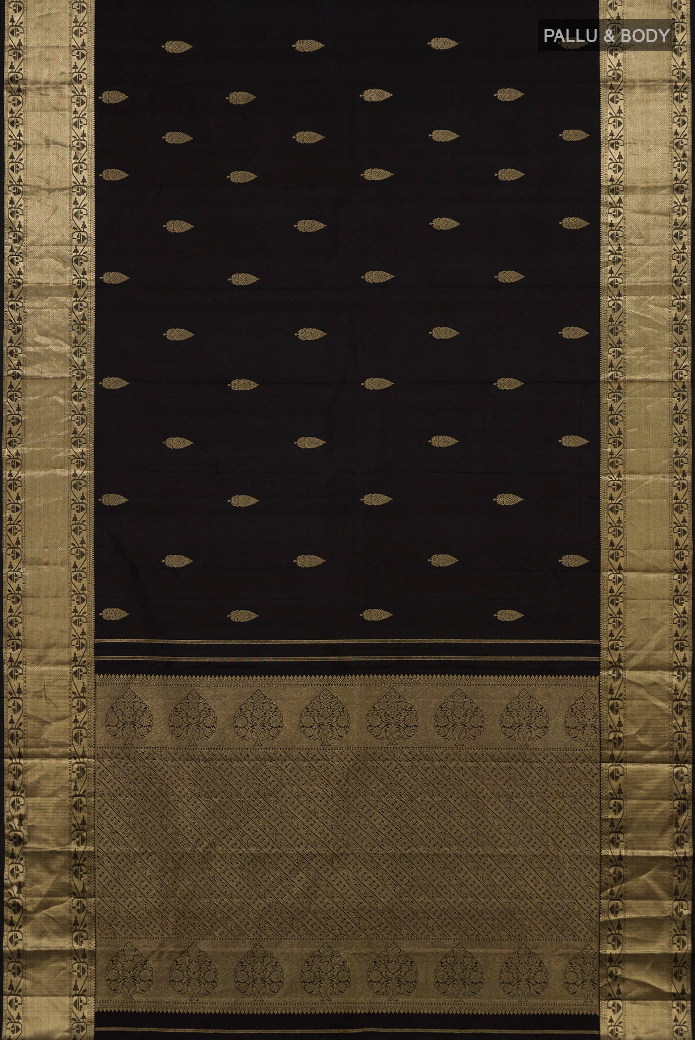 Flat view of Black Kanchipuram Silk Saree with Zari Butta on the body and Zari Border. 