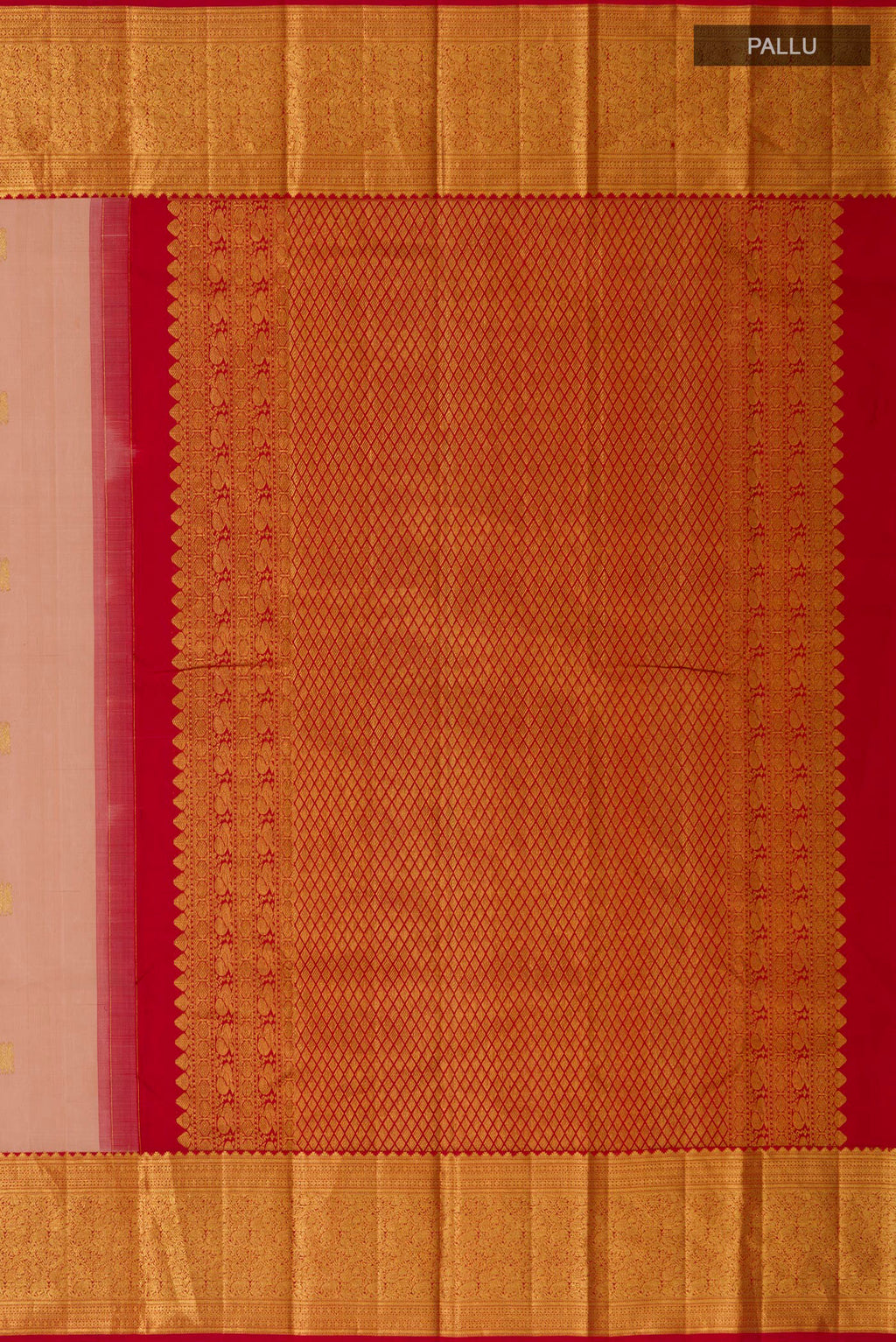 Close up image of the pallu of Rose Gold Kanjivaram Silk Saree with Zari Butta on the body and Zari Border. 