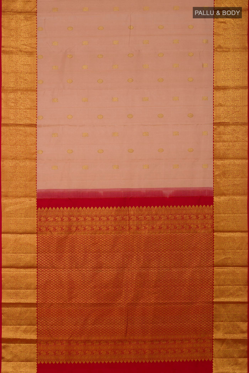 Flat view of Rose Gold Kanjivaram Silk Saree with Zari Butta on the body and Zari Border. 