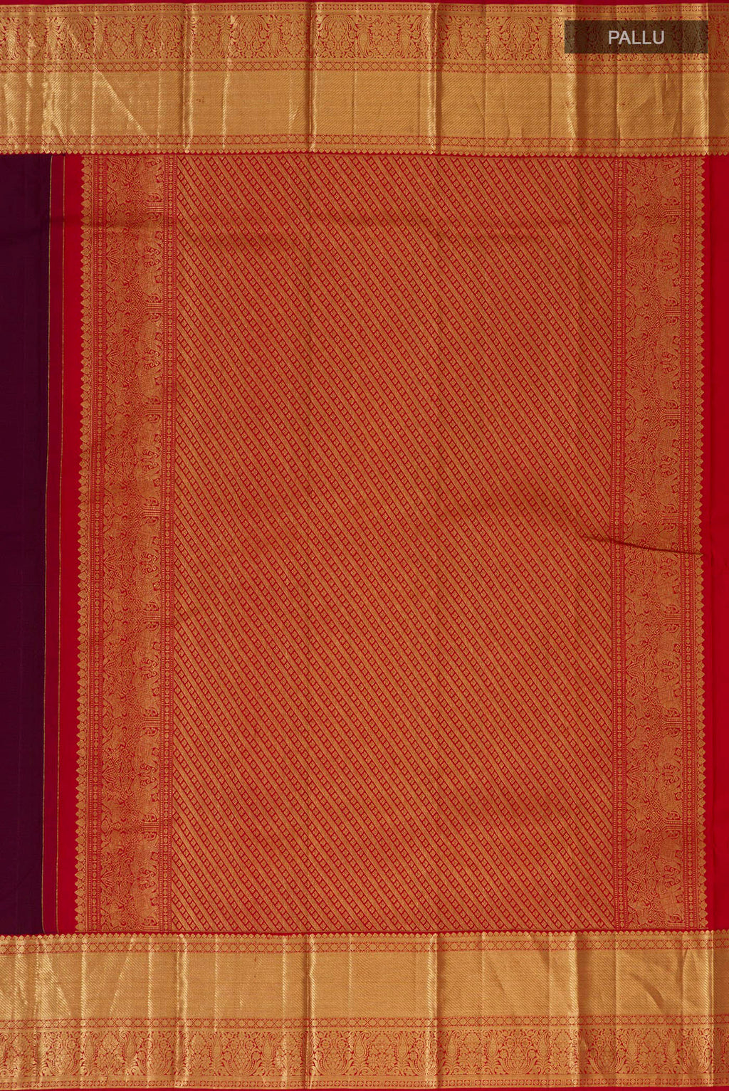 Close up image of the pallu of Pure Silk Purple Kanjivaram Saree with Zari Butta on the body and Zari Border. 