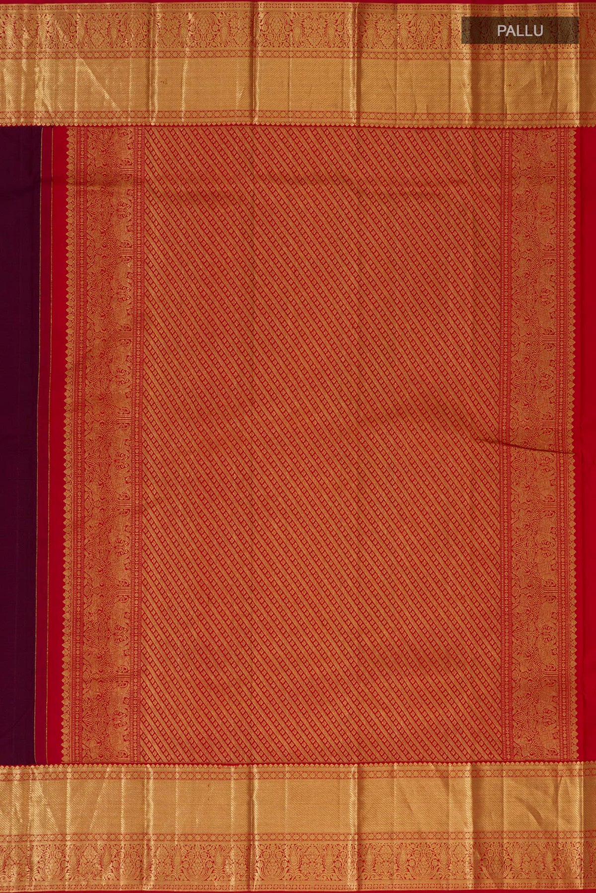 Close up image of the pallu of Pure Silk Purple Kanjivaram Saree with Zari Butta on the body and Zari Border. 