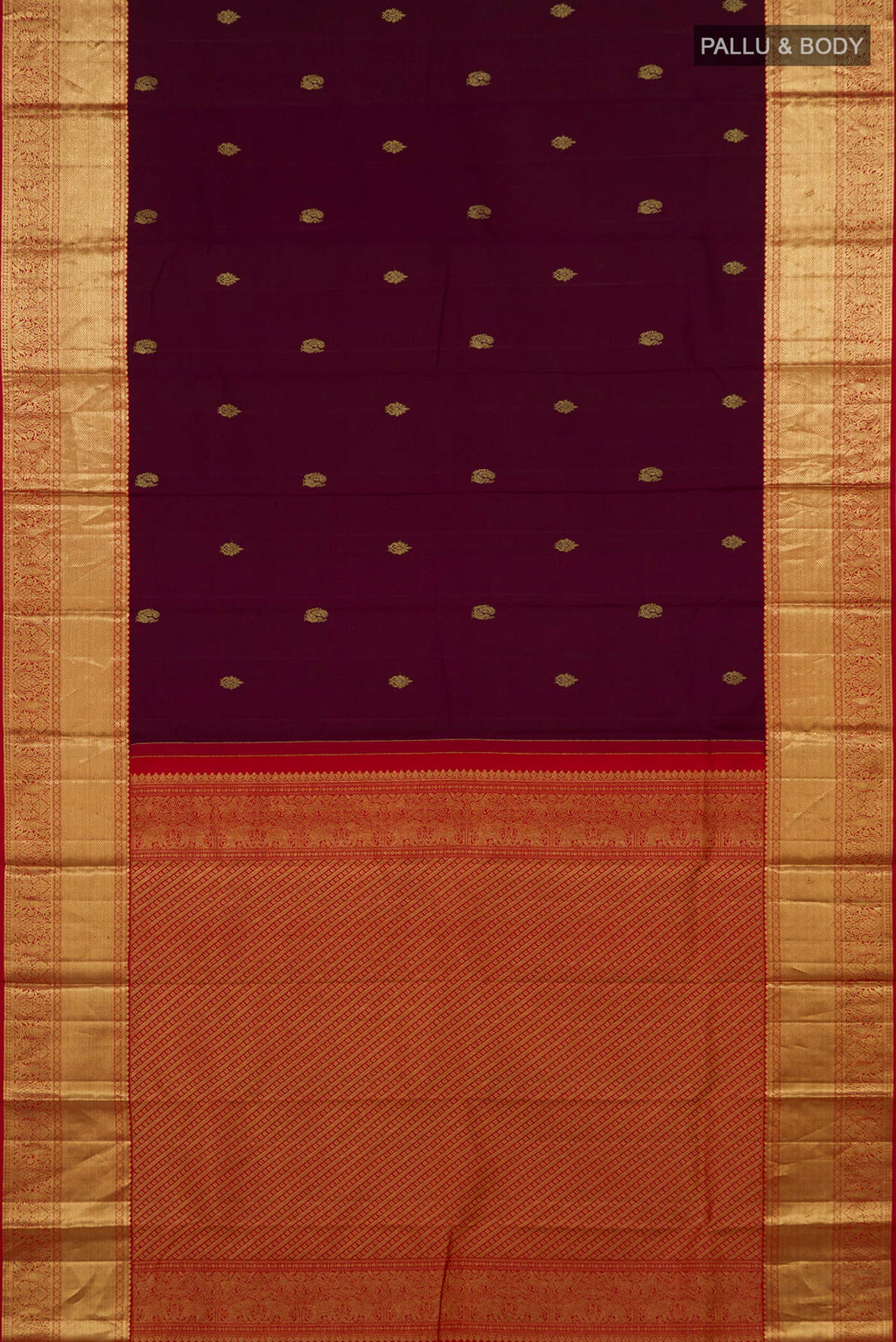 Flat view of Pure Silk Purple Kanjivaram Saree with Zari Butta on the body and Zari Border. 