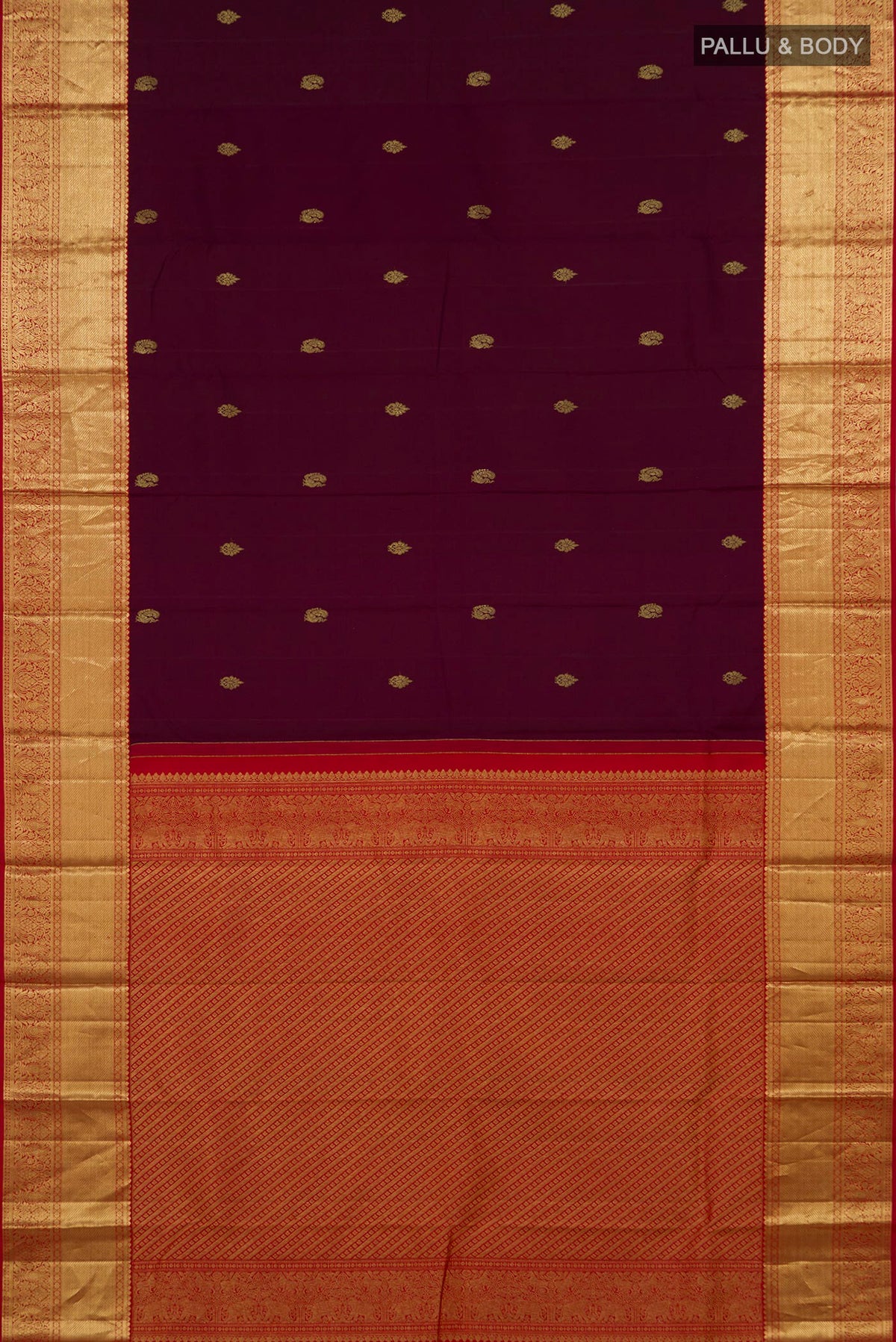 Flat view of Pure Silk Purple Kanjivaram Saree with Zari Butta on the body and Zari Border. 