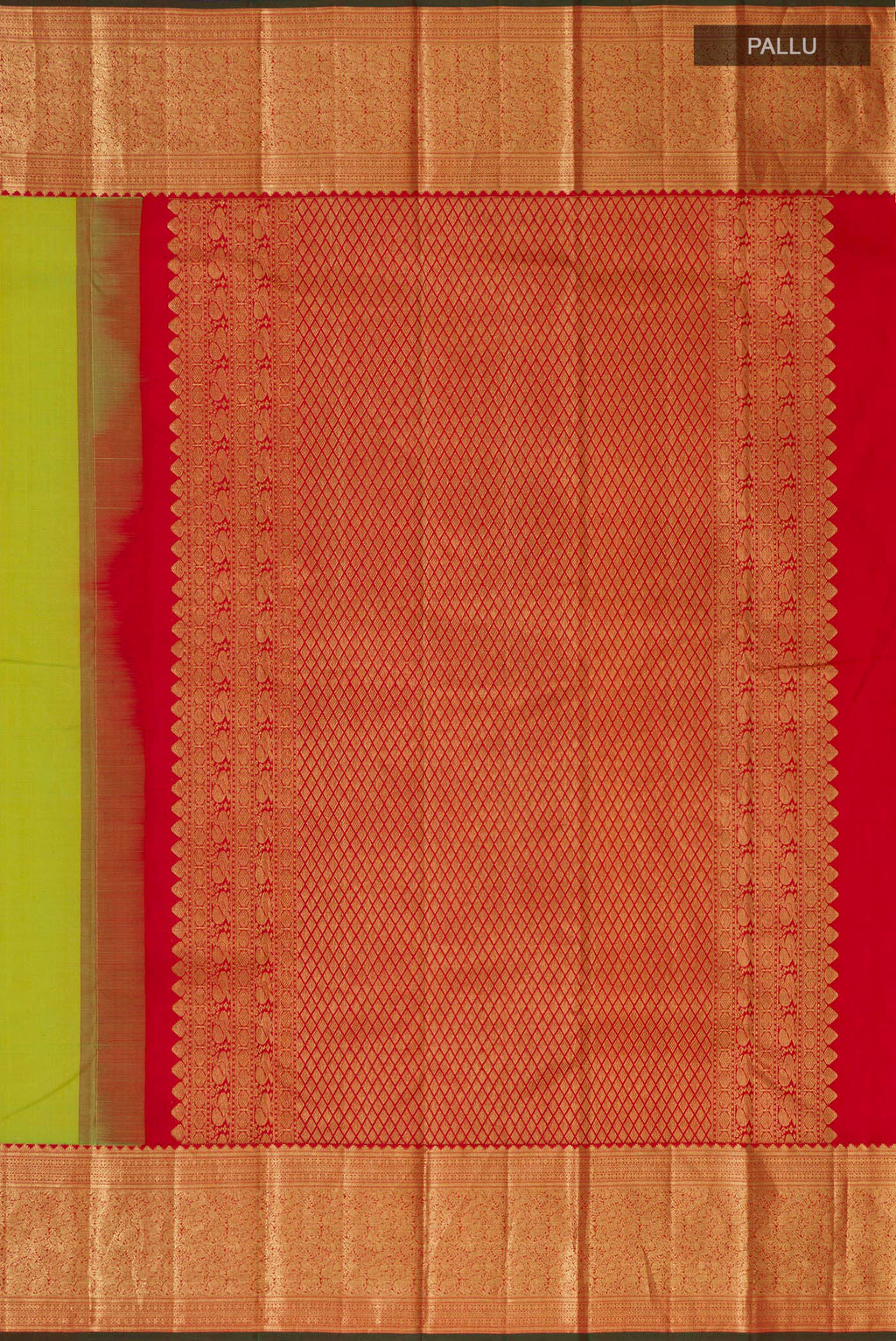 Close up image of the pallu of Parrot Green Kanjivaram Silk Saree with Zari Butta on the body and Zari Border. 