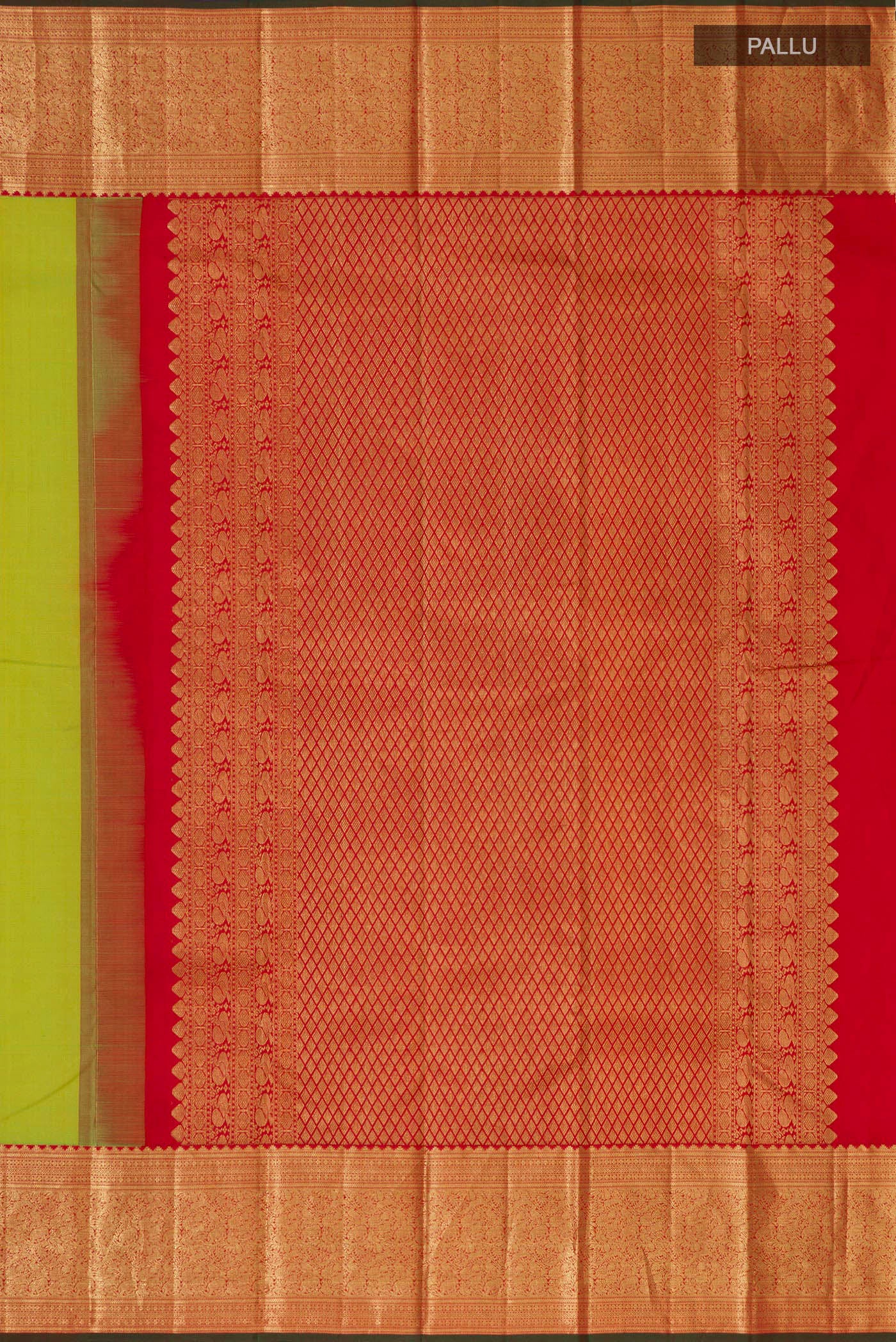Close up image of the pallu of Parrot Green Kanjivaram Silk Saree with Zari Butta on the body and Zari Border. 