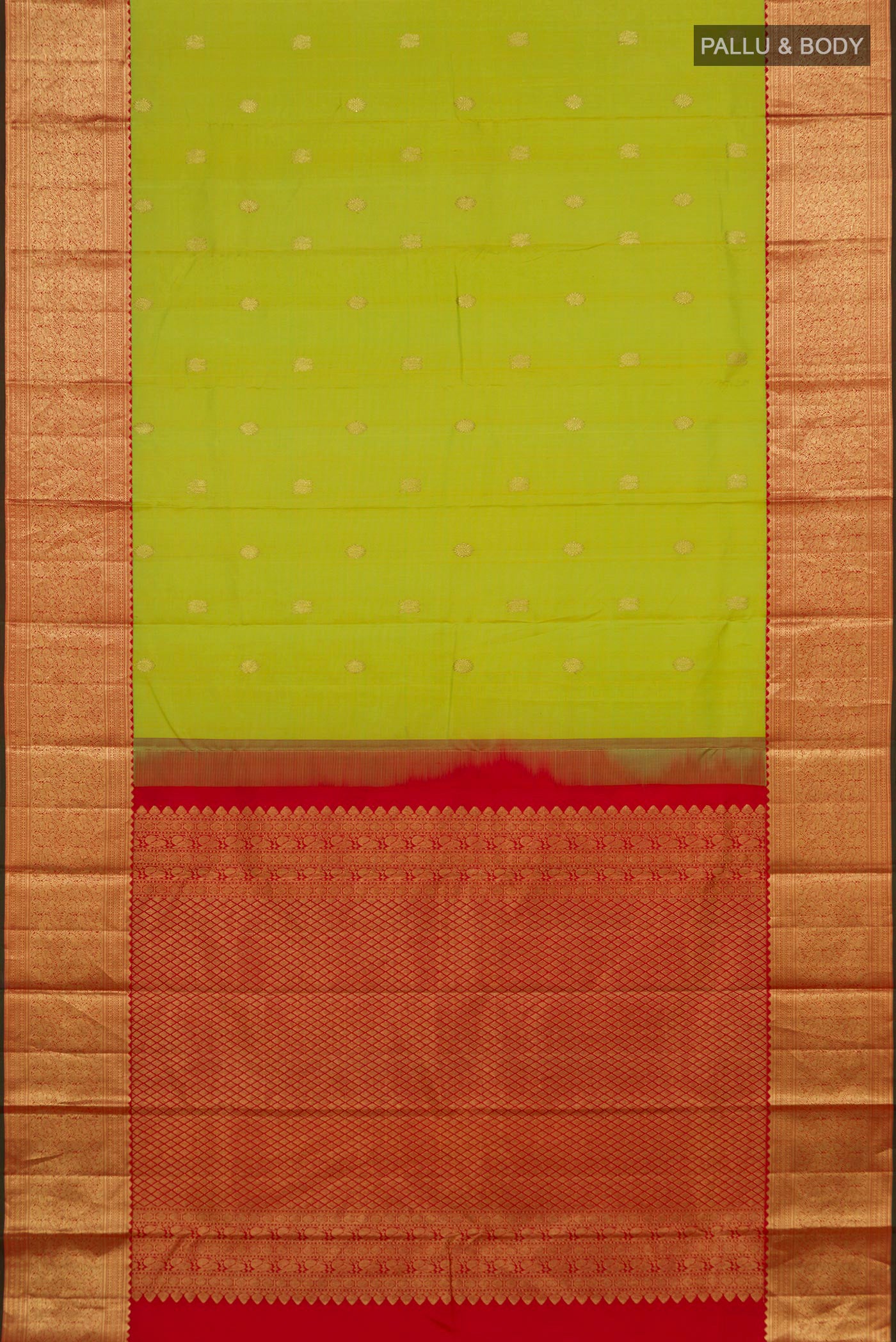 Flat view of Parrot Green Kanjivaram Silk Saree with Zari Butta on the body and Zari Border. 