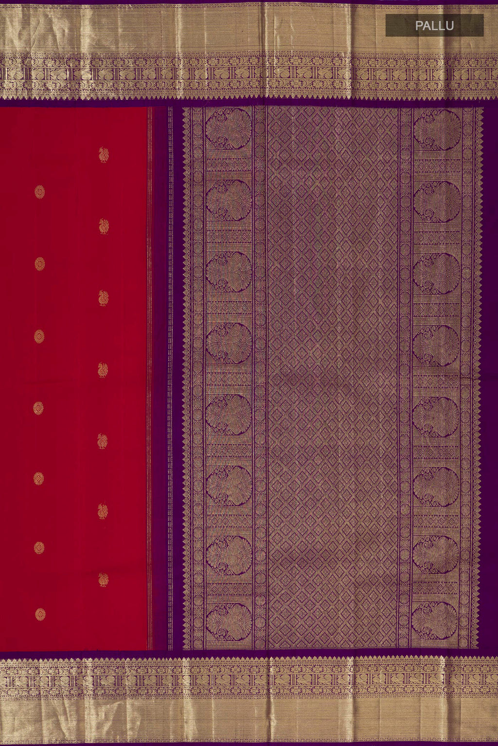 Close up image of the pallu of Pure Silk Red Kanjivaram Saree with Zari Butta on the body and Zari Border. 