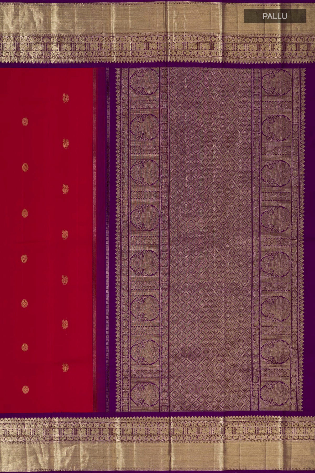 Close up image of the pallu of Pure Silk Red Kanjivaram Saree with Zari Butta on the body and Zari Border. 