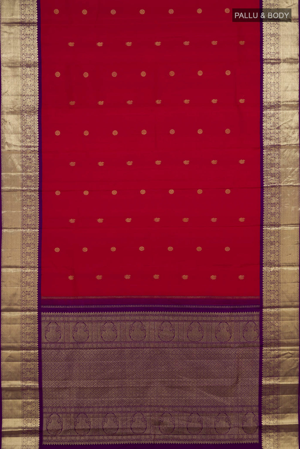 Flat view of Pure Silk Red Kanjivaram Saree with Zari Butta on the body and Zari Border. 