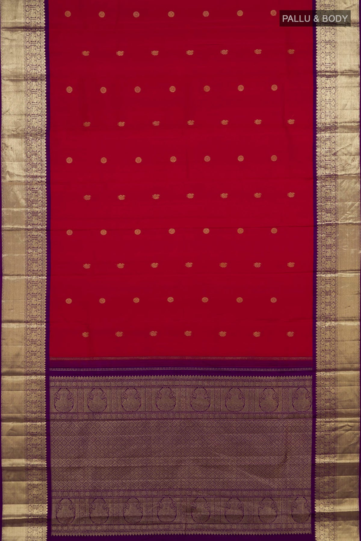 Flat view of Pure Silk Red Kanjivaram Saree with Zari Butta on the body and Zari Border. 