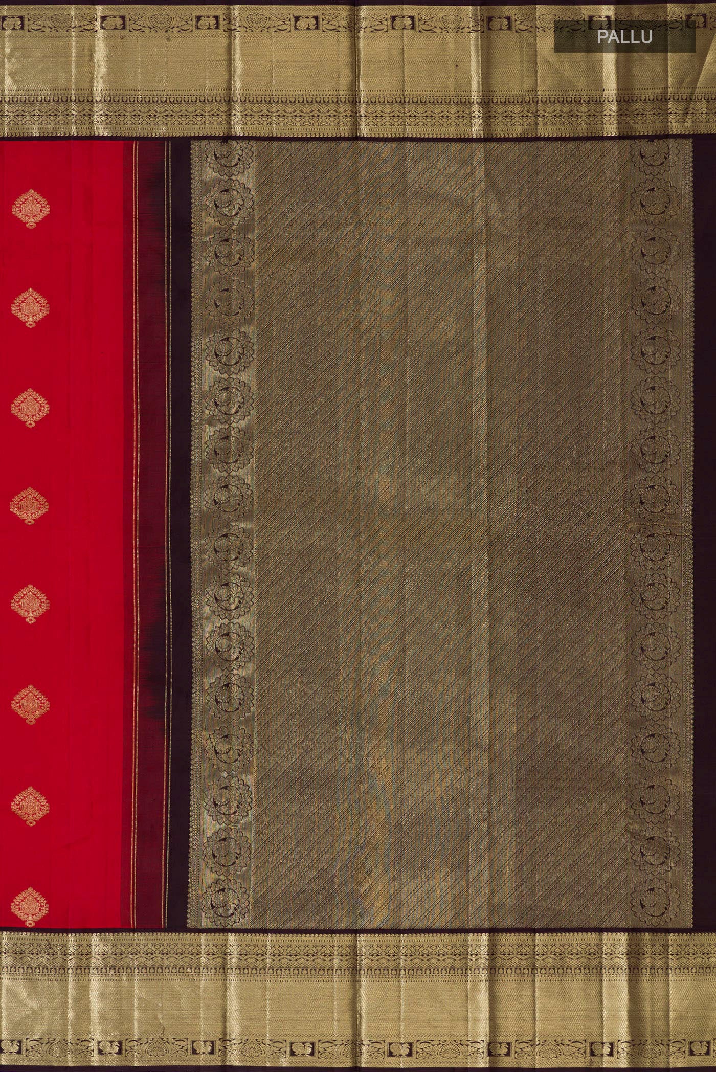 Close up image of the pallu of Red Kanjivaram Silk Saree with Zari Butta on the body and Zari Border. 