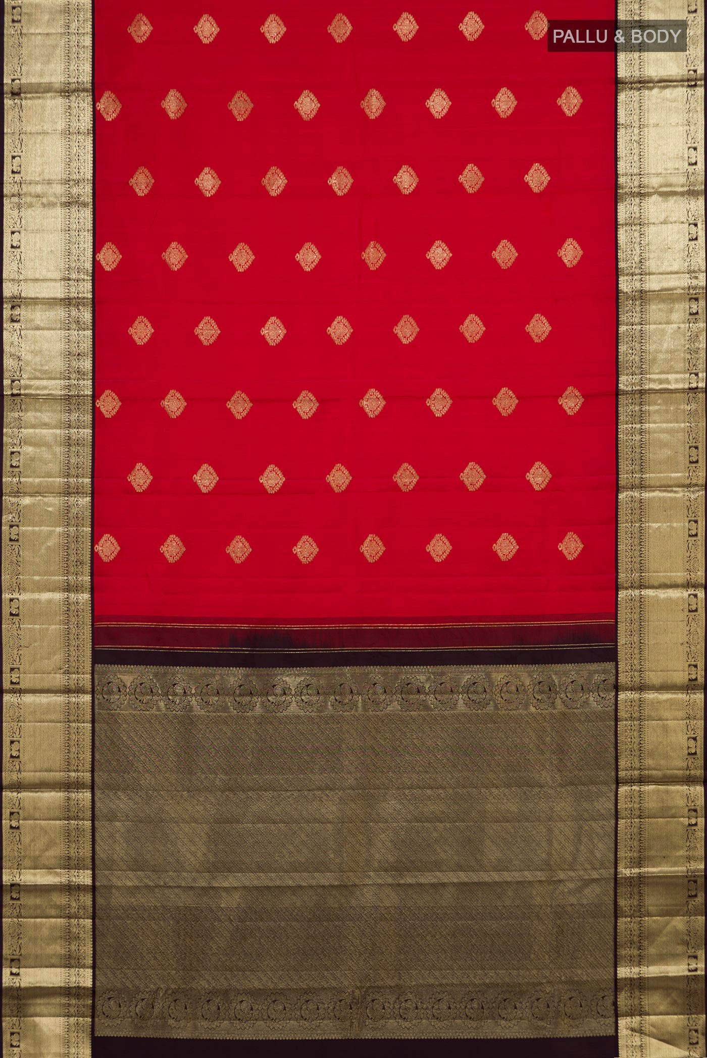 Flat view of Red Kanjivaram Silk Saree with Zari Butta on the body and Zari Border. 