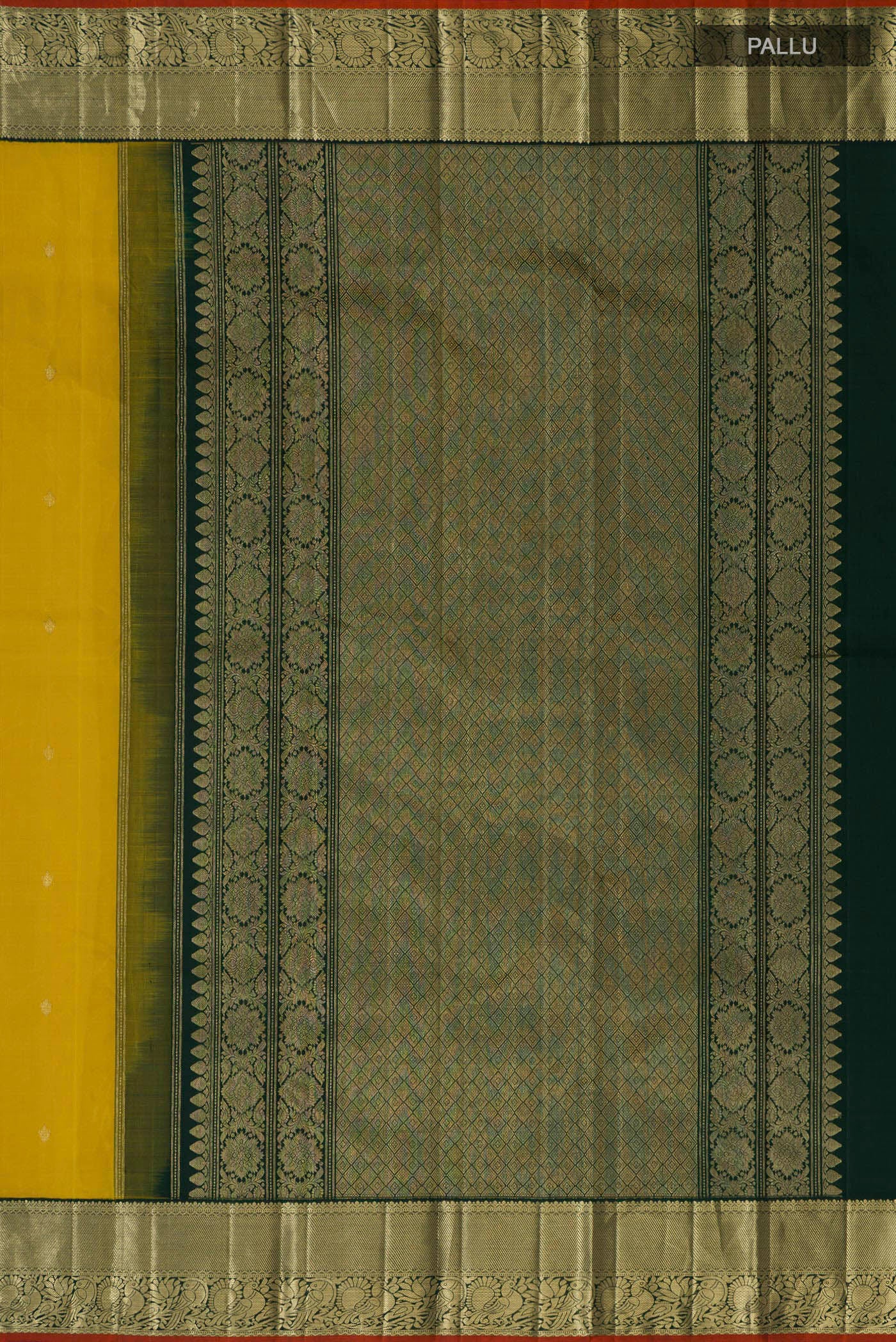 Close up image of the pallu of Yellow Kanjivaram Silk Saree with Zari Butta on the body and Zari Border. 