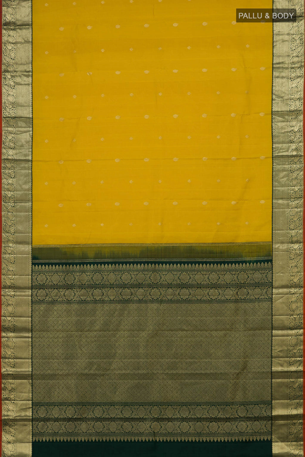 Flat view of Yellow Kanjivaram Silk Saree with Zari Butta on the body and Zari Border. 