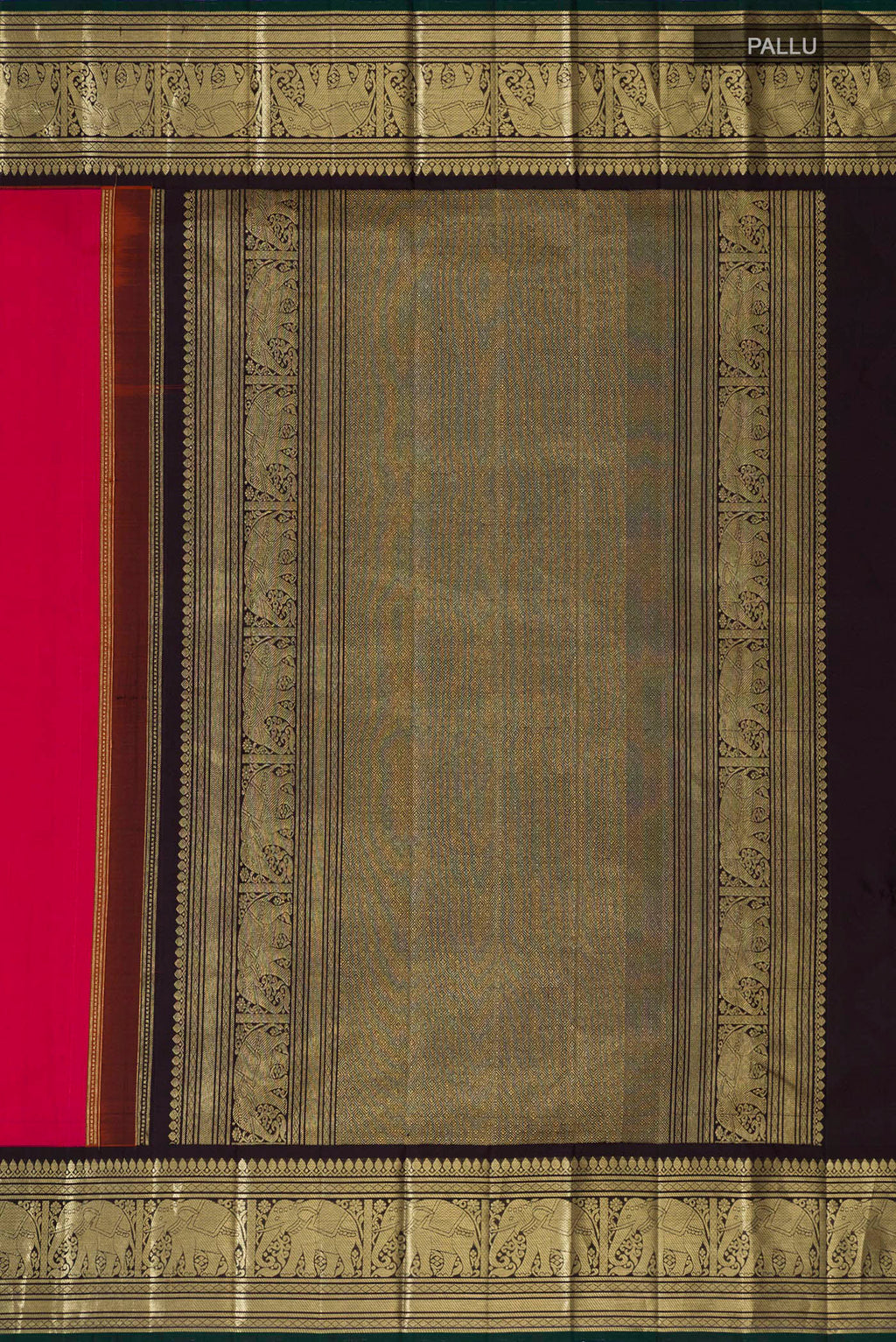 Close up image of the pallu of Pink Kanjivaram Silk Saree with Zari Butta on the body and Zari Border. 