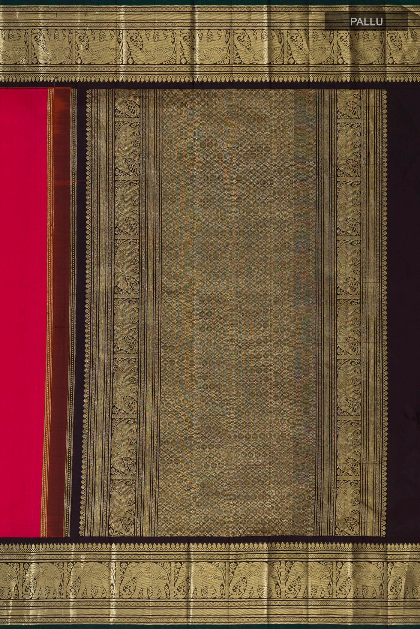 Close up image of the pallu of Pink Kanjivaram Silk Saree with Zari Butta on the body and Zari Border. 