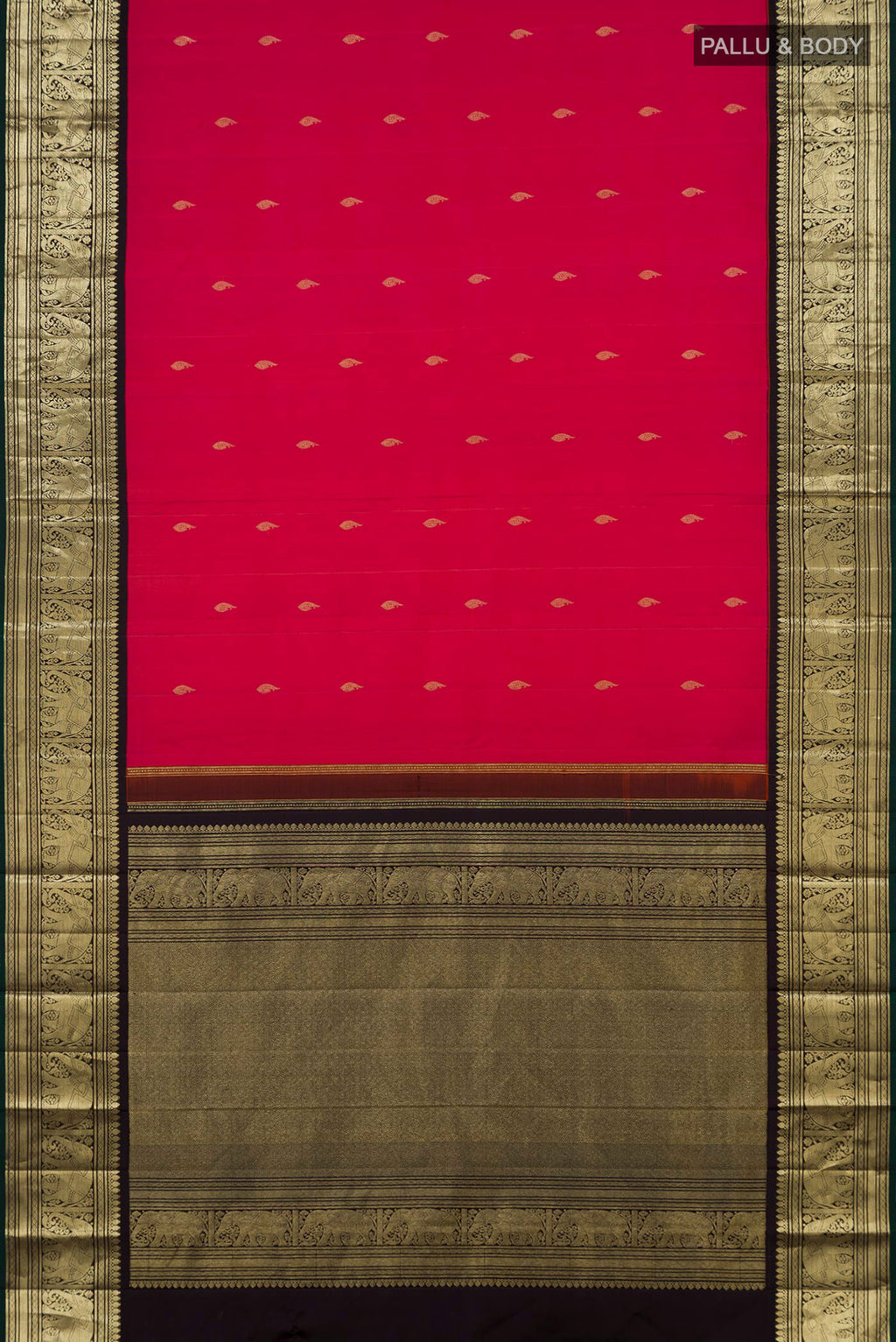 Flat view of Pink Kanjivaram Silk Saree with Zari Butta on the body and Zari Border. 