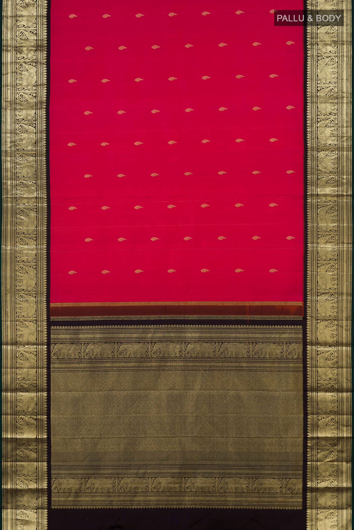 Flat view of Pink Kanjivaram Silk Saree with Zari Butta on the body and Zari Border. 