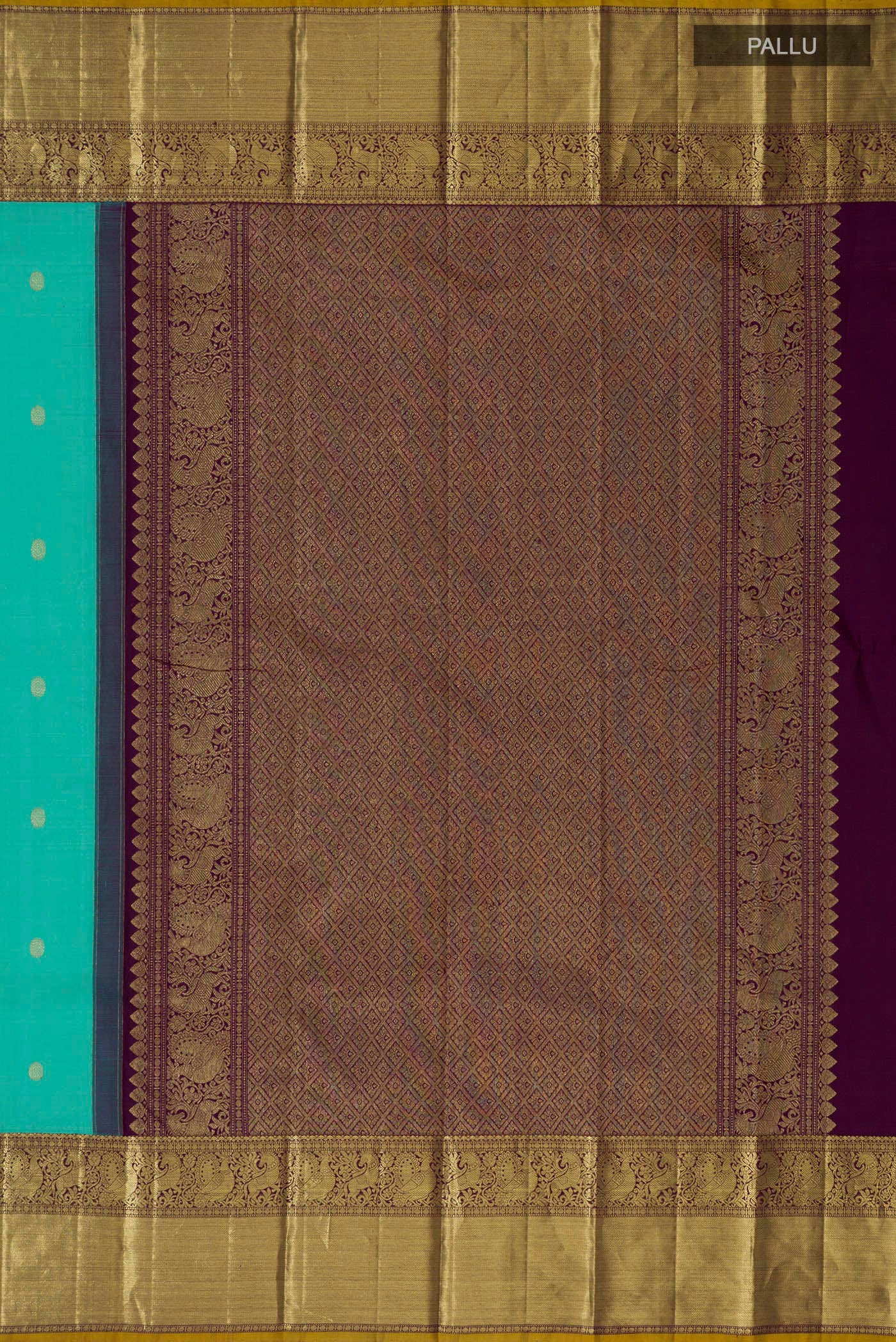 Close up image of the pallu of Turquoise Kanjivaram Silk Saree with Zari Butta on the body and Zari Border. 