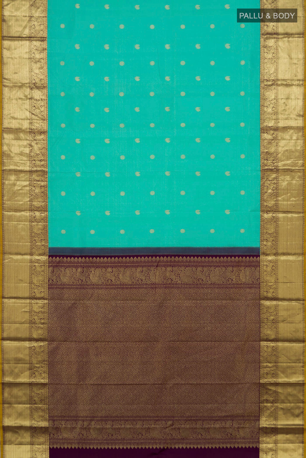Flat view of Turquoise Kanjivaram Silk Saree with Zari Butta on the body and Zari Border. 