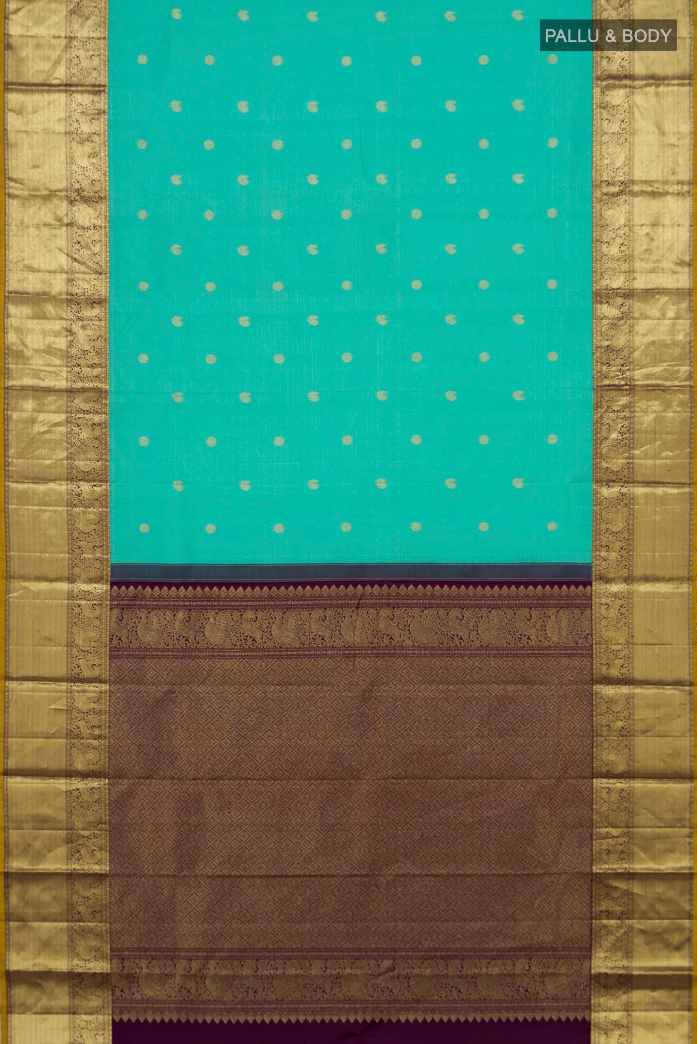 Flat view of Turquoise Kanjivaram Silk Saree with Zari Butta on the body and Zari Border. 