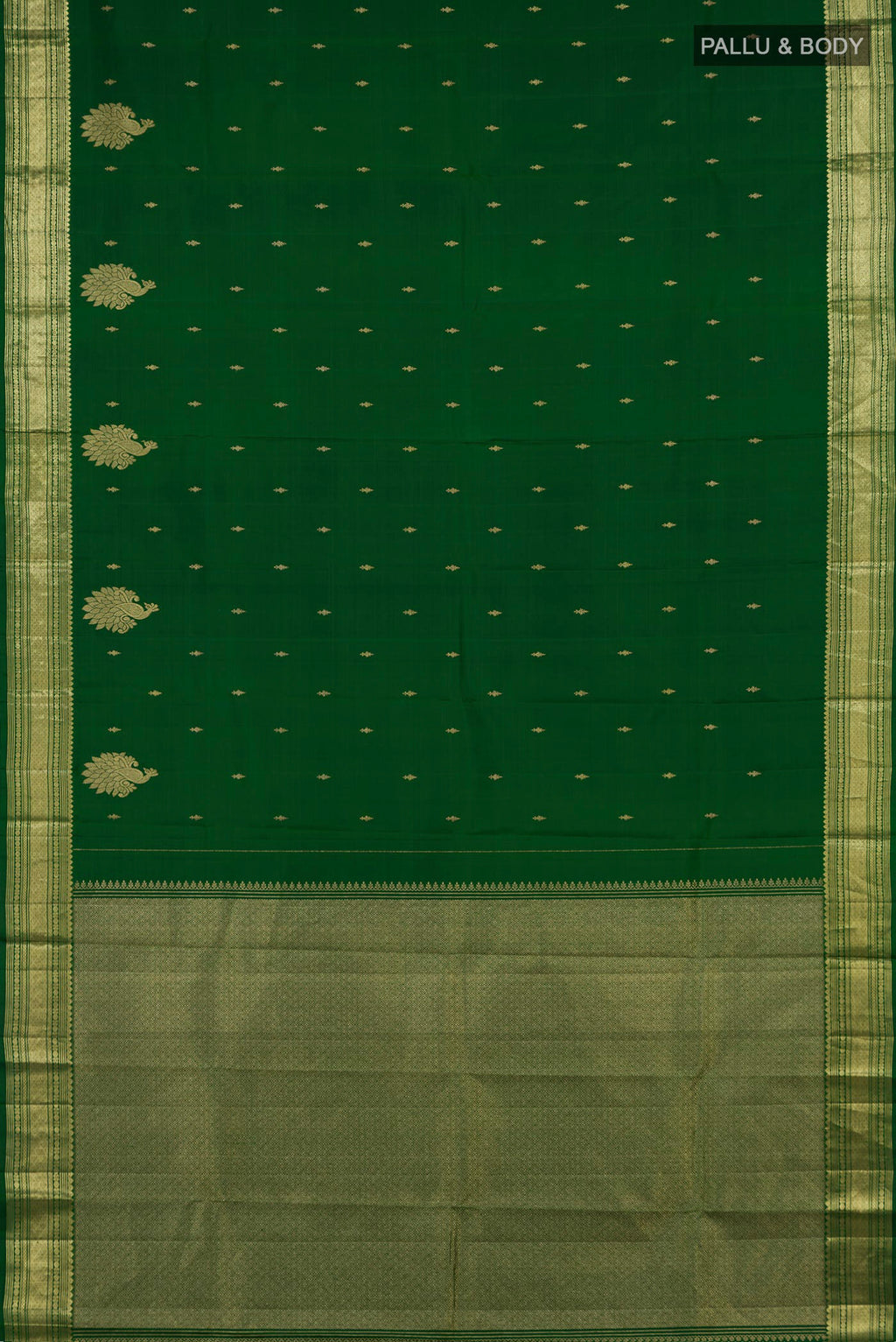 Flat view of Pure Silk Green Kanjivaram Saree with Zari Butta on the body and Zari Border. 