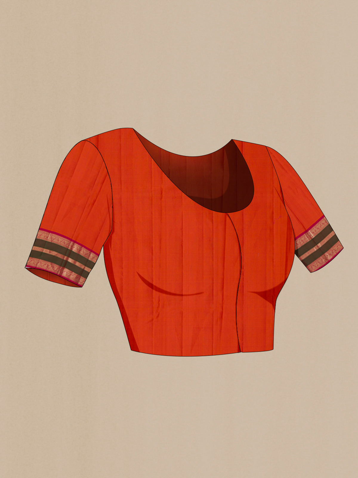 Close up image of the blouse of Pure Silk Orange Kanjivaram Saree with Zari Butta on the body and Zari Border. 