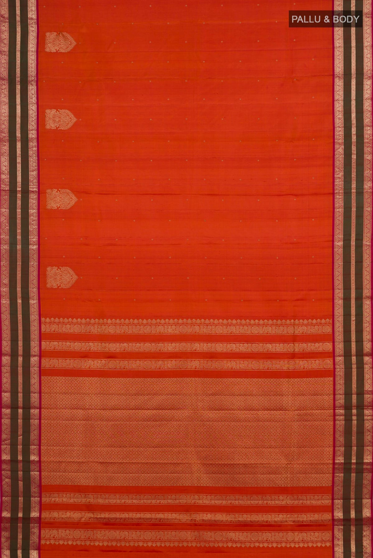 Flat view of Pure Silk Orange Kanjivaram Saree with Zari Butta on the body and Zari Border. 