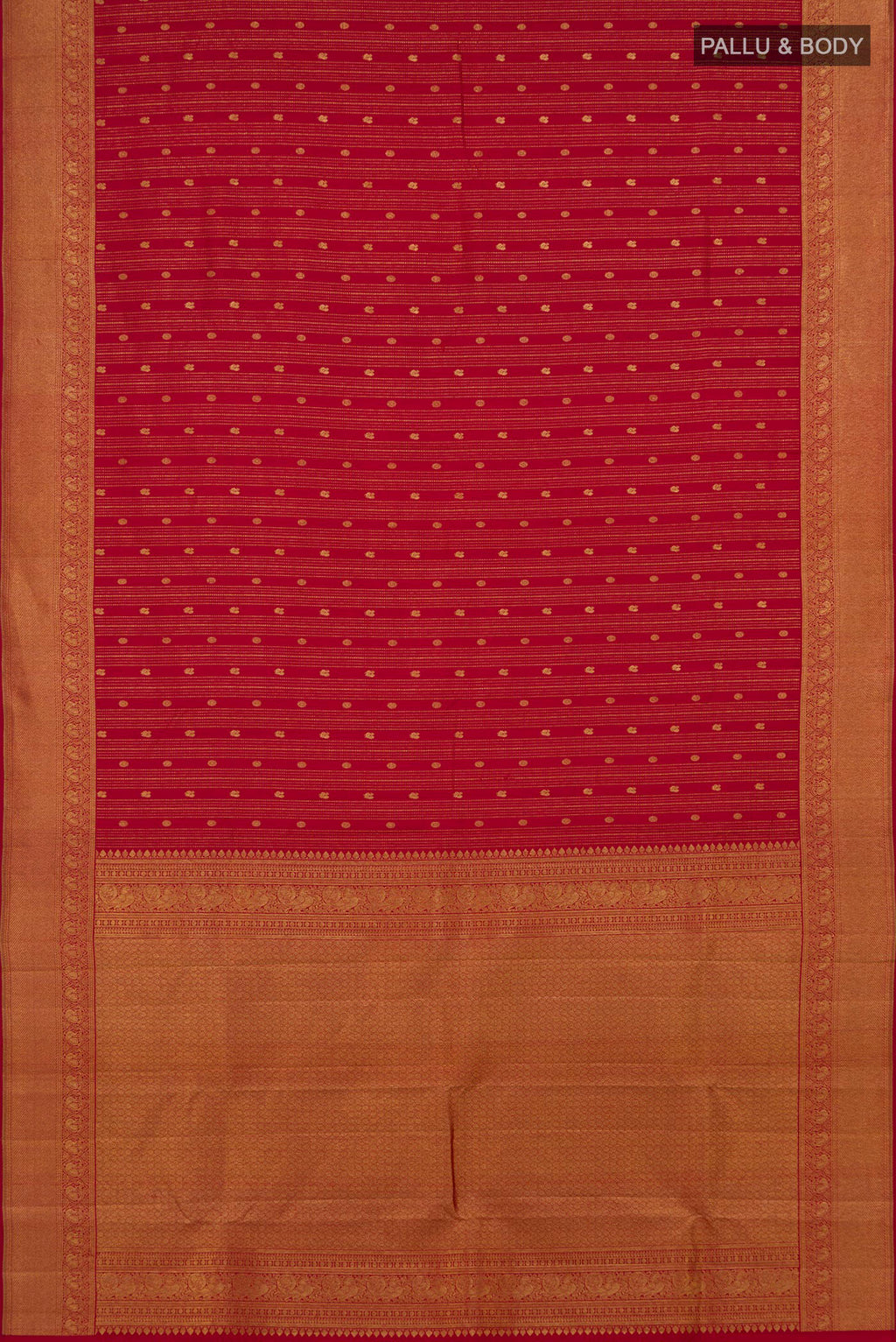 Flat view of Red Kanjivaram Silk Saree with Stripes on the body and Zari Border. 
