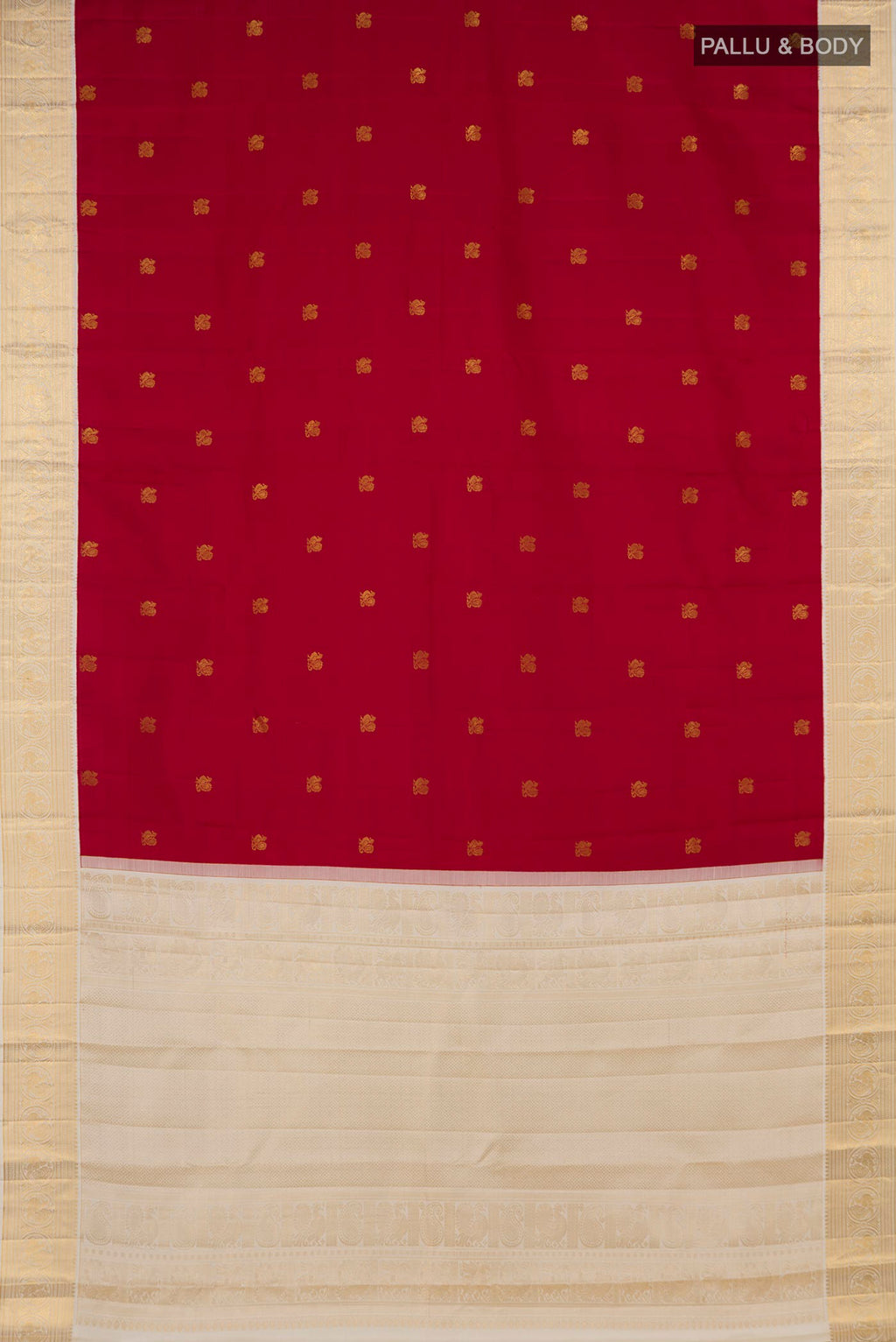Flat view of Maroon Kanjivaram Silk Saree with Zari Butta on the body and Zari Border. 