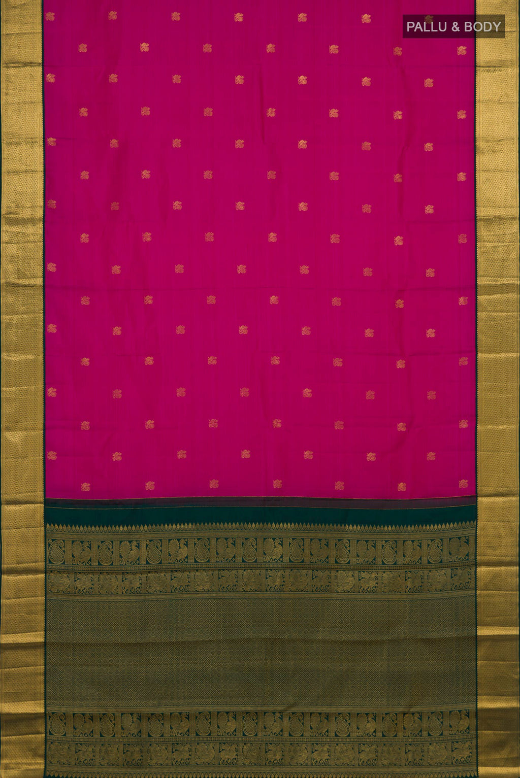 Flat view of Pink Kanjivaram Silk Saree with Zari Butta on the body and Zari Border. 