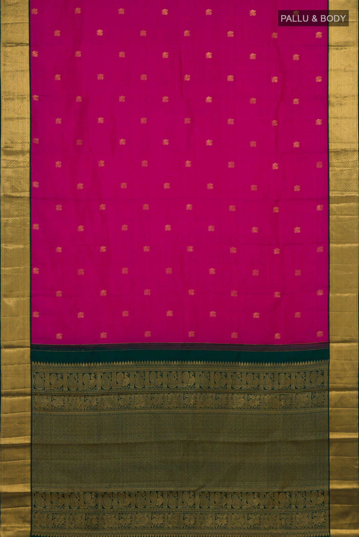 Flat view of Pink Kanjivaram Silk Saree with Zari Butta on the body and Zari Border. 