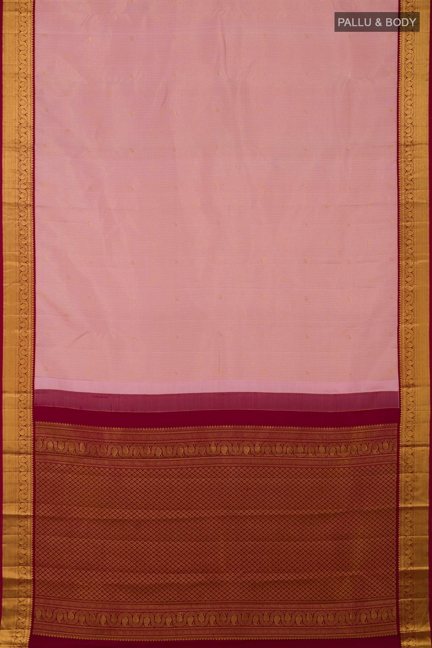 Flat view of Pink Kanjivaram Silk Saree with Checked design on the body and Zari Border. 