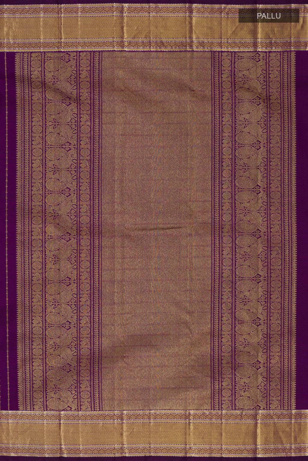 Close up image of the pallu of Purple Kanchipuram Silk Saree with Stripes on the body and Zari Border. 
