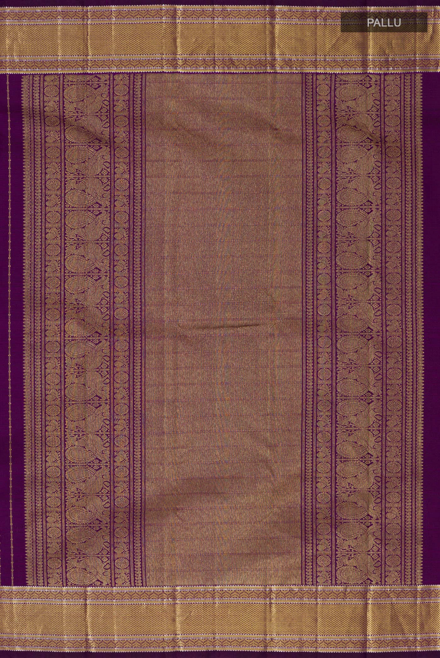 Close up image of the pallu of Purple Kanchipuram Silk Saree with Stripes on the body and Zari Border. 