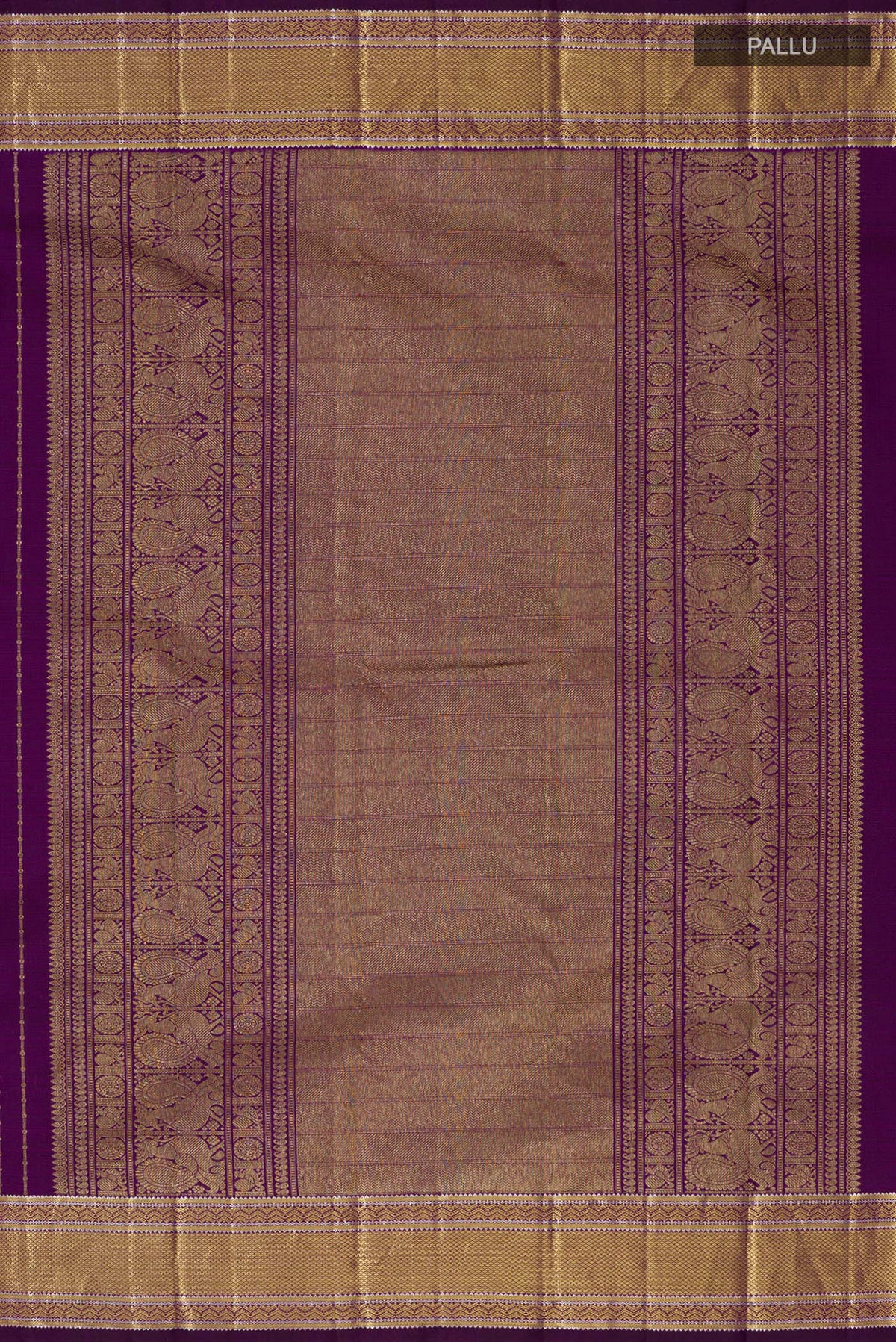 Close up image of the pallu of Purple Kanchipuram Silk Saree with Stripes on the body and Zari Border. 