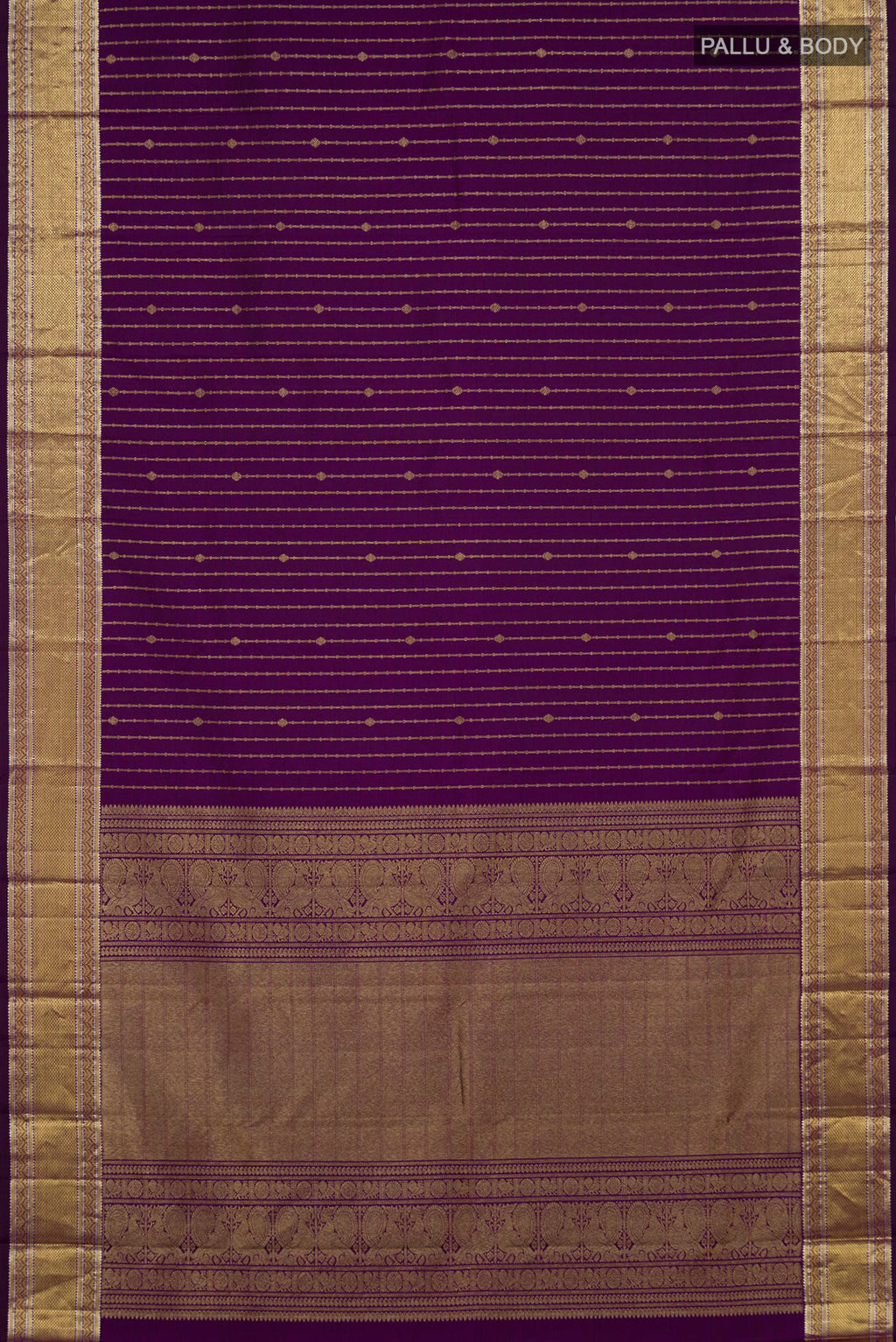 Flat view of Purple Kanchipuram Silk Saree with Stripes on the body and Zari Border. 