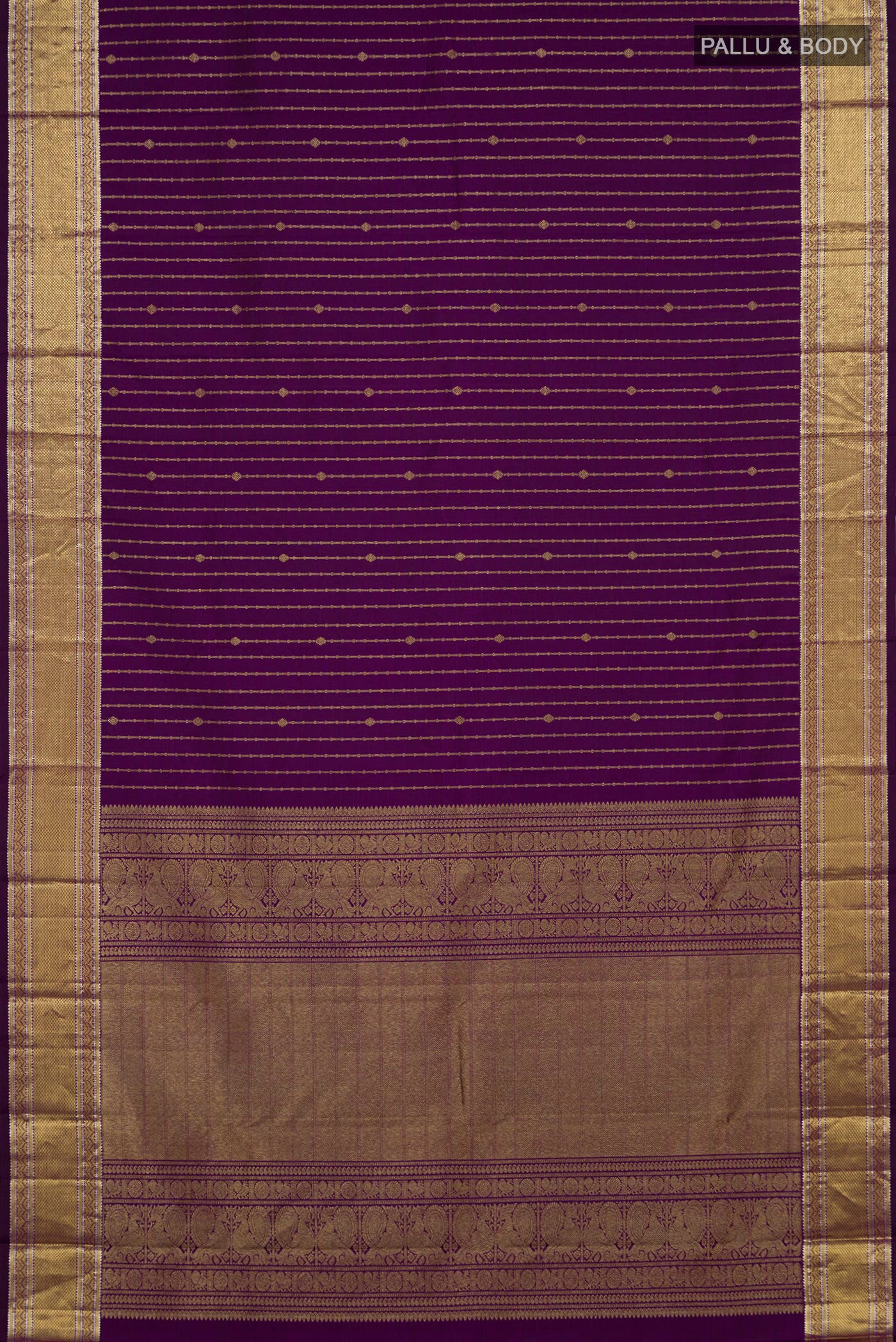 Flat view of Purple Kanchipuram Silk Saree with Stripes on the body and Zari Border. 