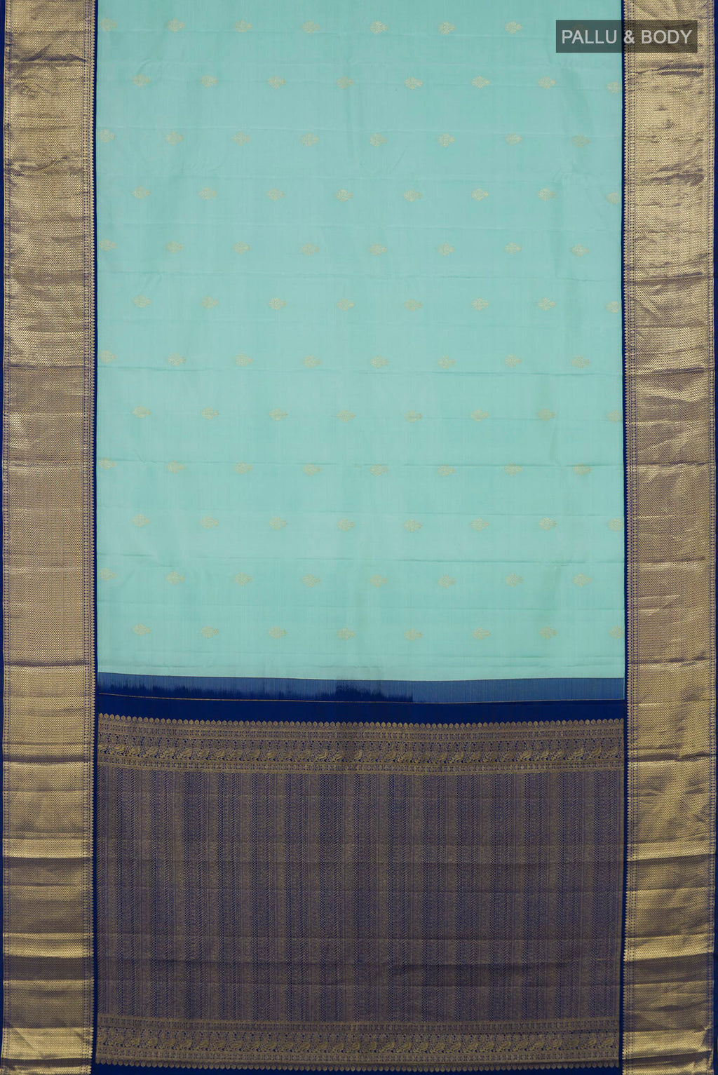 Flat view of Light Blue Kanjivaram Silk Saree with Zari Butta on the body and Zari Border. 