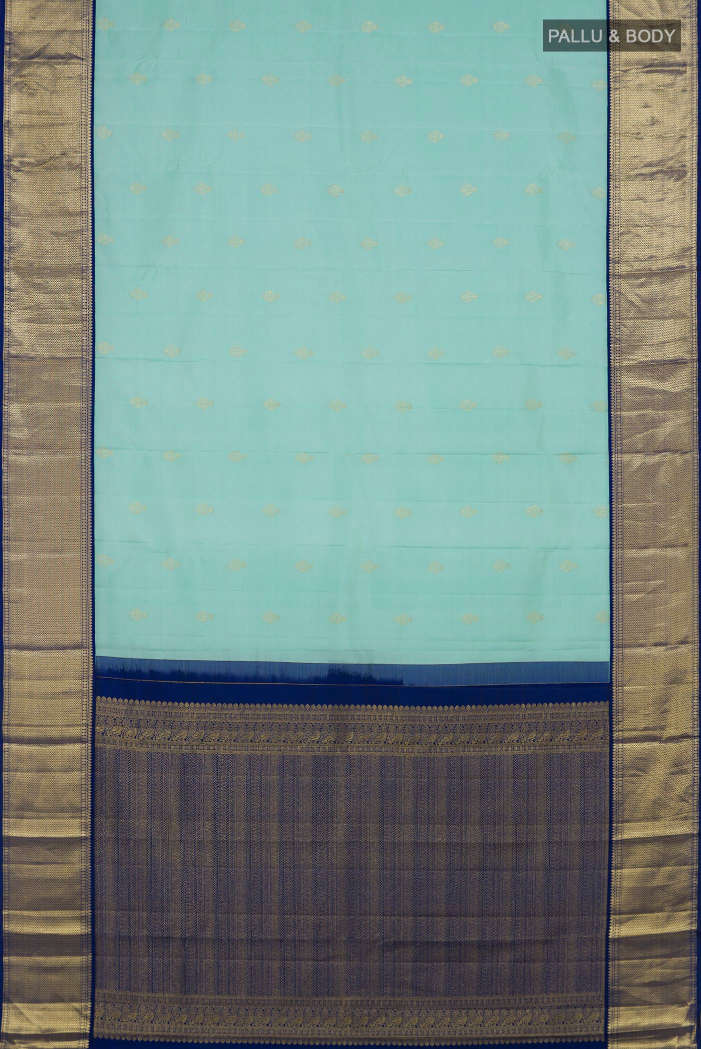 Flat view of Light Blue Kanjivaram Silk Saree with Zari Butta on the body and Zari Border. 