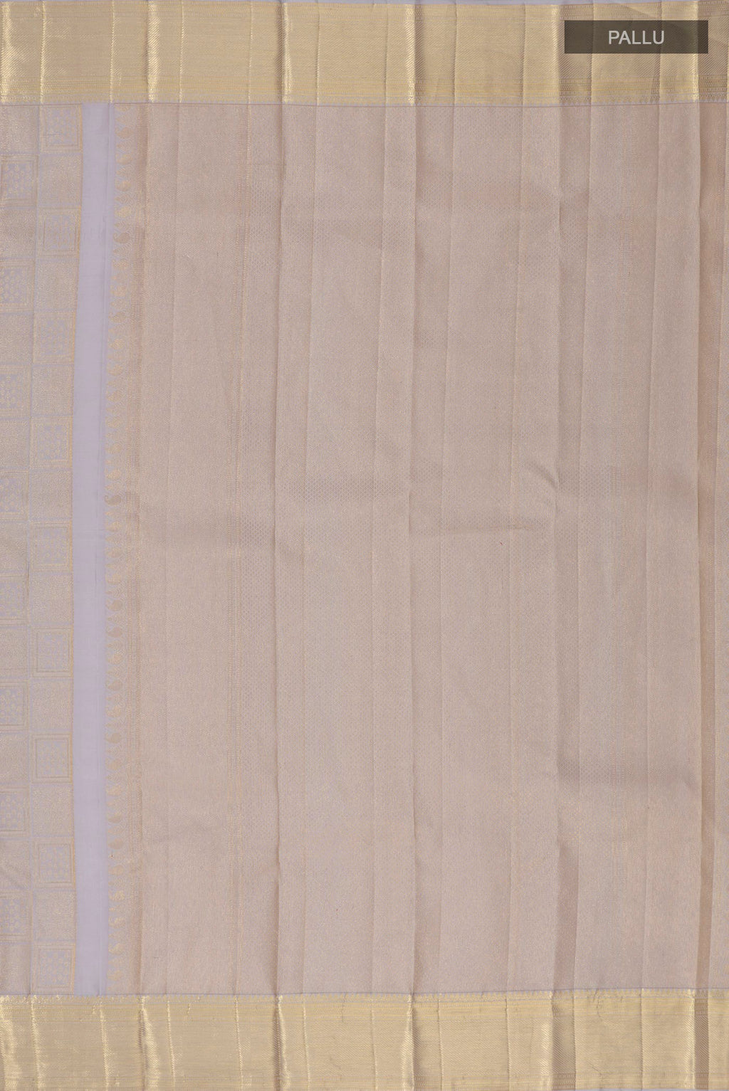 Close up image of the pallu of Pure Silk Grey Kanchipuram Saree with Zari Brocade on the body and Zari Border. 