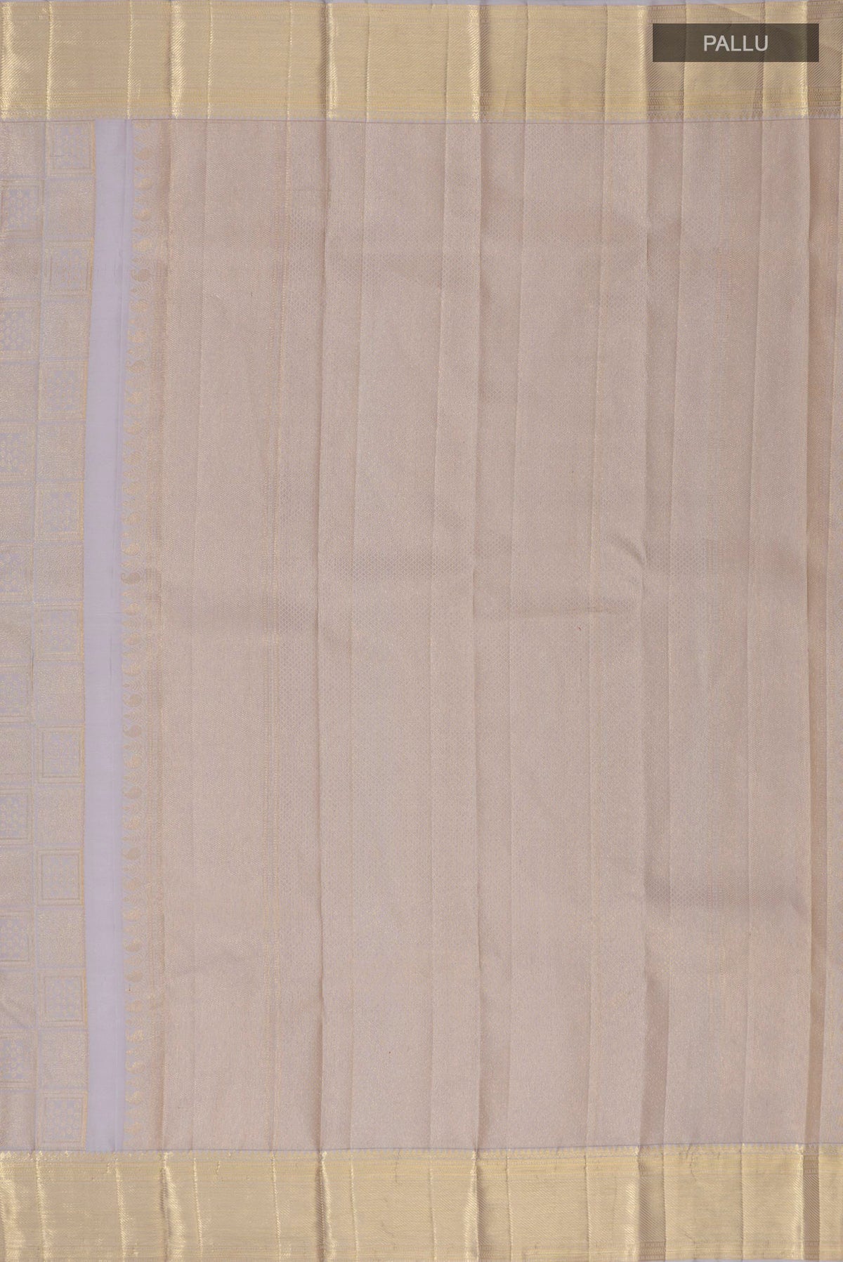 Close up image of the pallu of Pure Silk Grey Kanchipuram Saree with Zari Brocade on the body and Zari Border. 