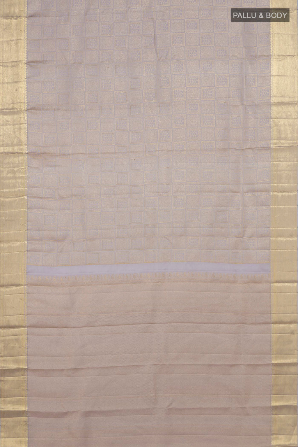 Flat view of Pure Silk Grey Kanchipuram Saree with Zari Brocade on the body and Zari Border. 