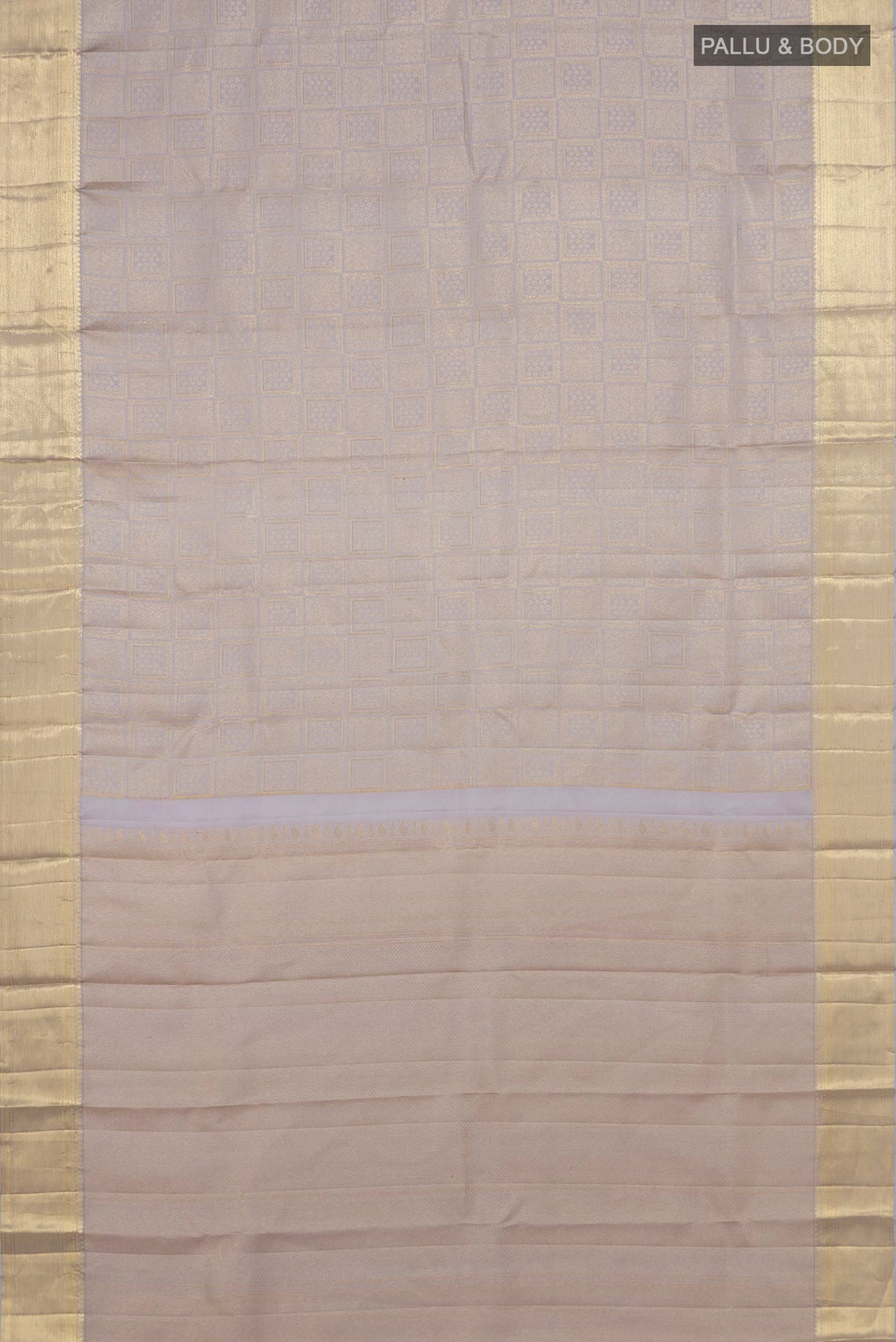 Flat view of Pure Silk Grey Kanchipuram Saree with Zari Brocade on the body and Zari Border. 