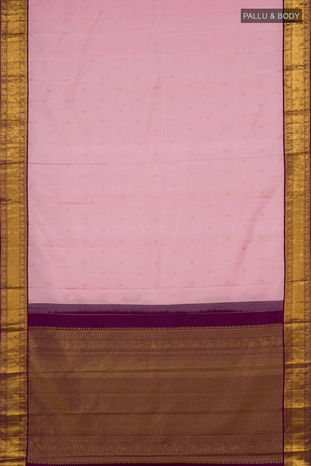 Flat view of Rose pink Kanjivaram Silk Saree with Zari Butta on the body and Zari Border. 