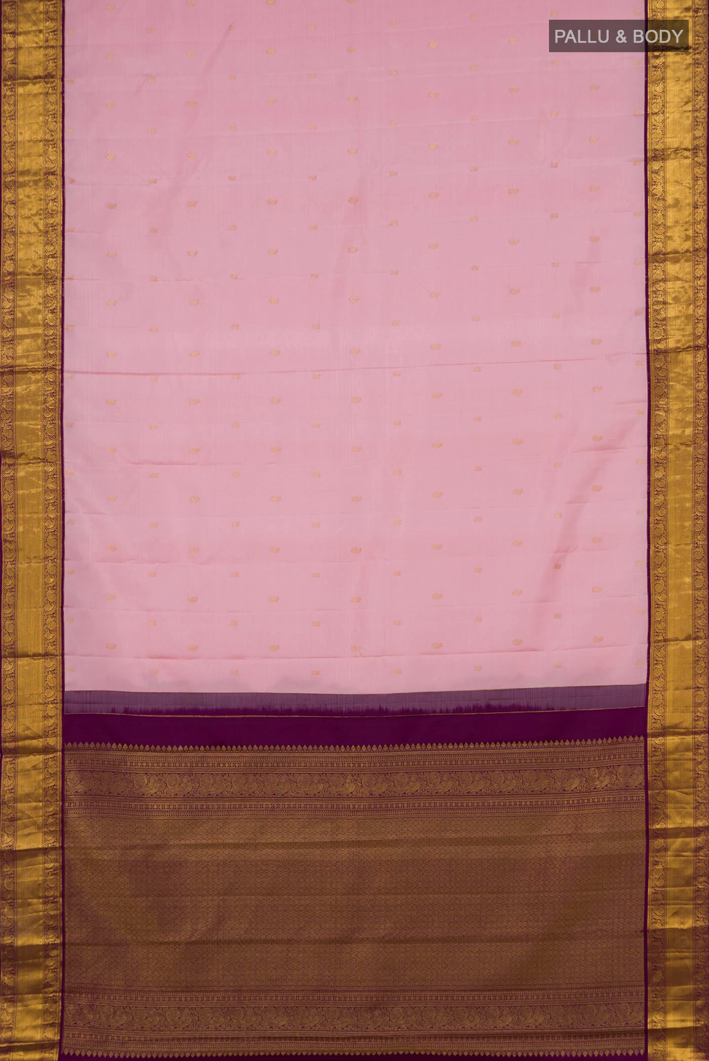 Flat view of Rose pink Kanjivaram Silk Saree with Zari Butta on the body and Zari Border. 