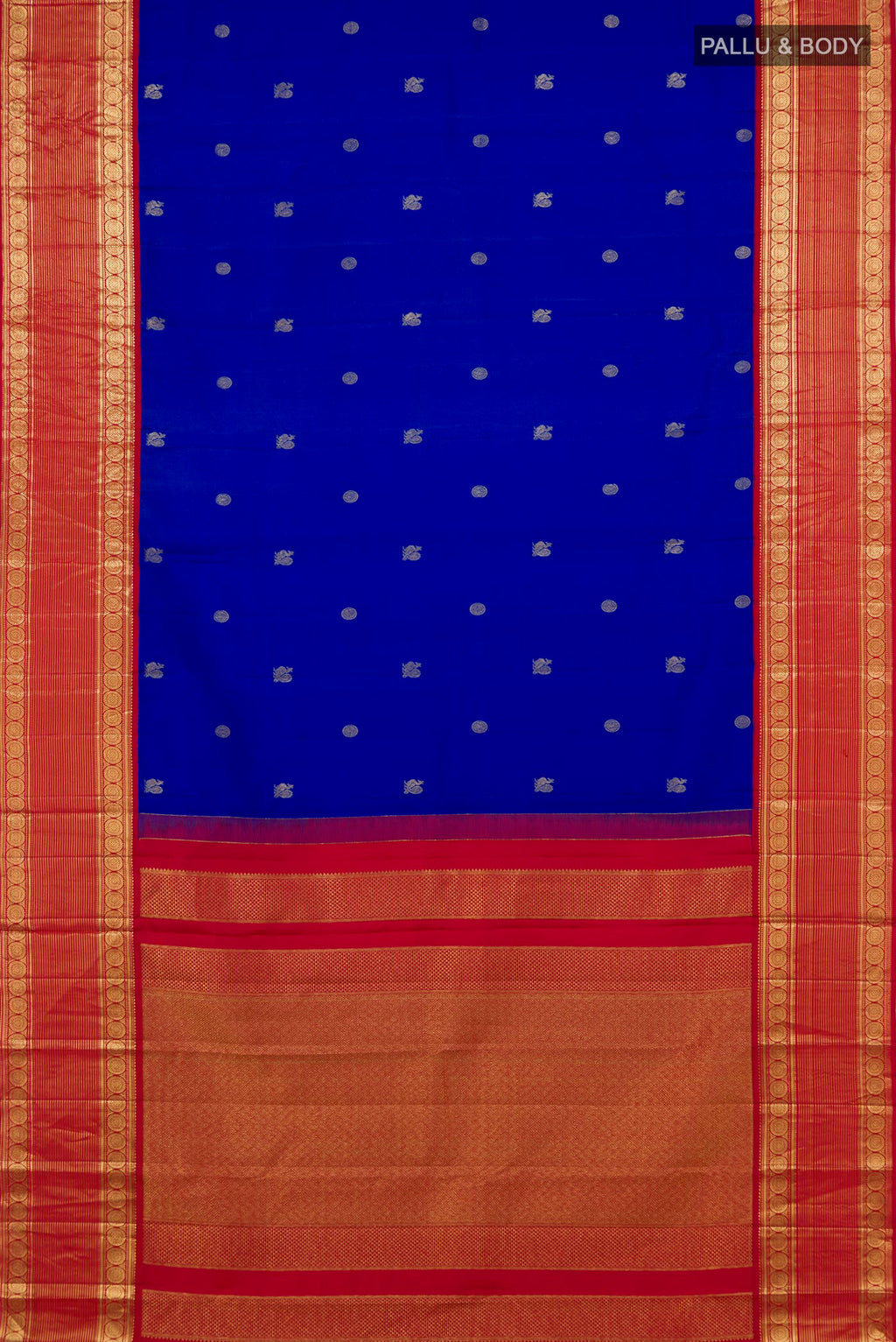 Flat view of Royal Blue Kanjivaram Silk Saree with Zari Butta on the body and Zari Border. 