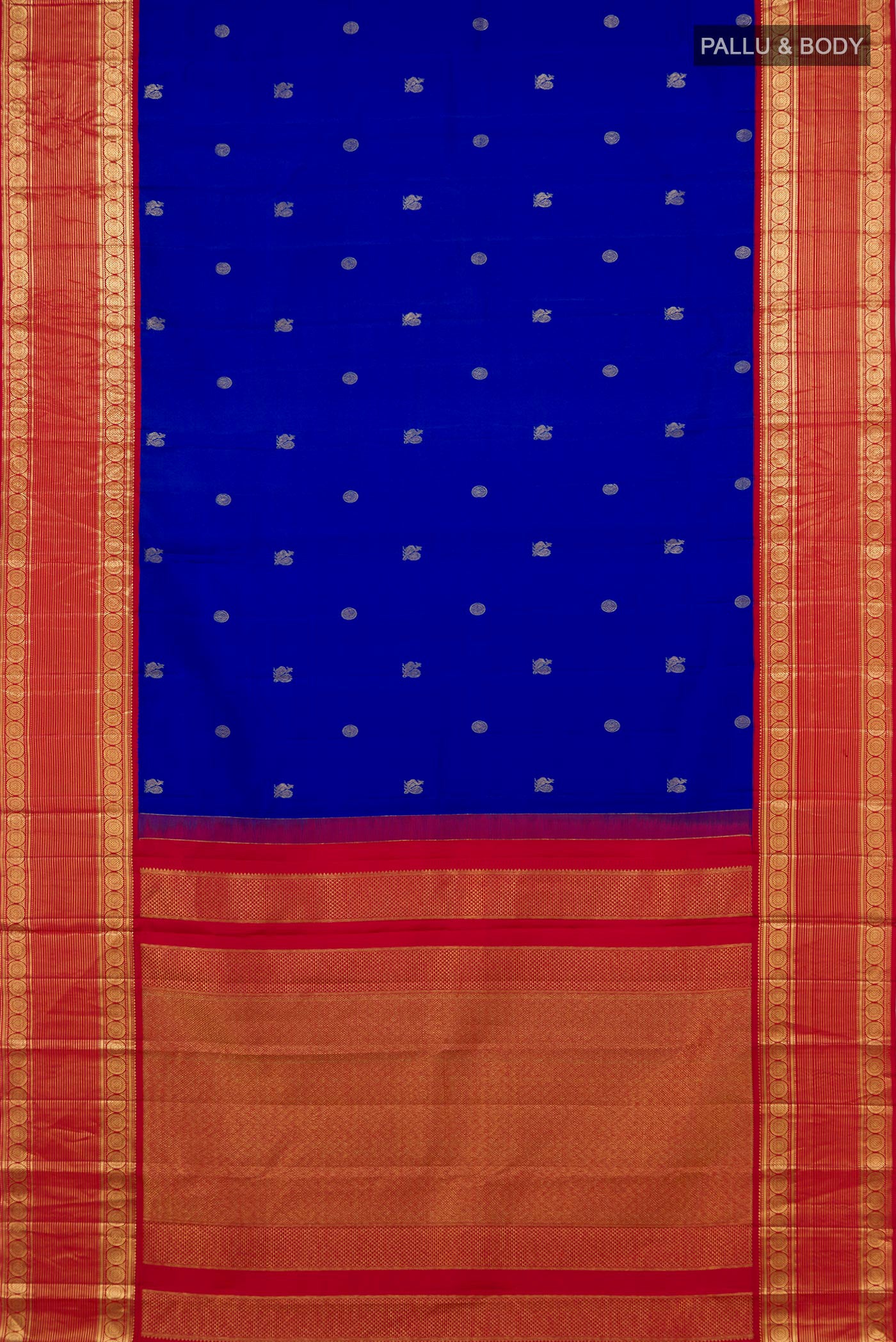 Flat view of Royal Blue Kanjivaram Silk Saree with Zari Butta on the body and Zari Border. 
