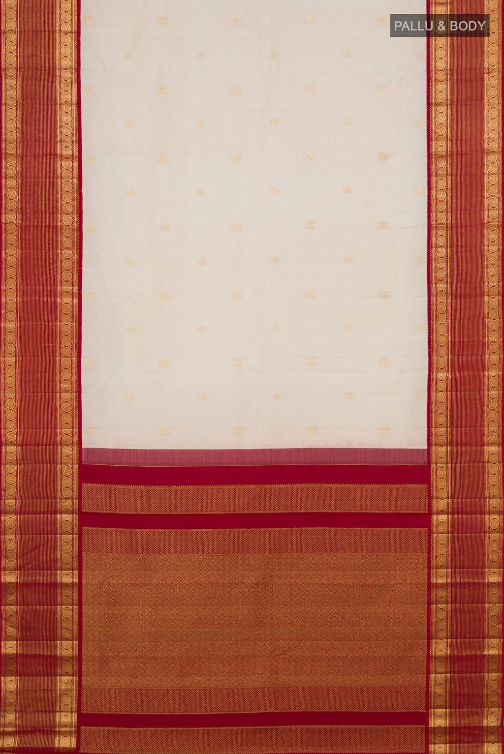 Flat view of Cream Kanjivaram Silk Saree with Zari Butta on the body and Zari Border. 